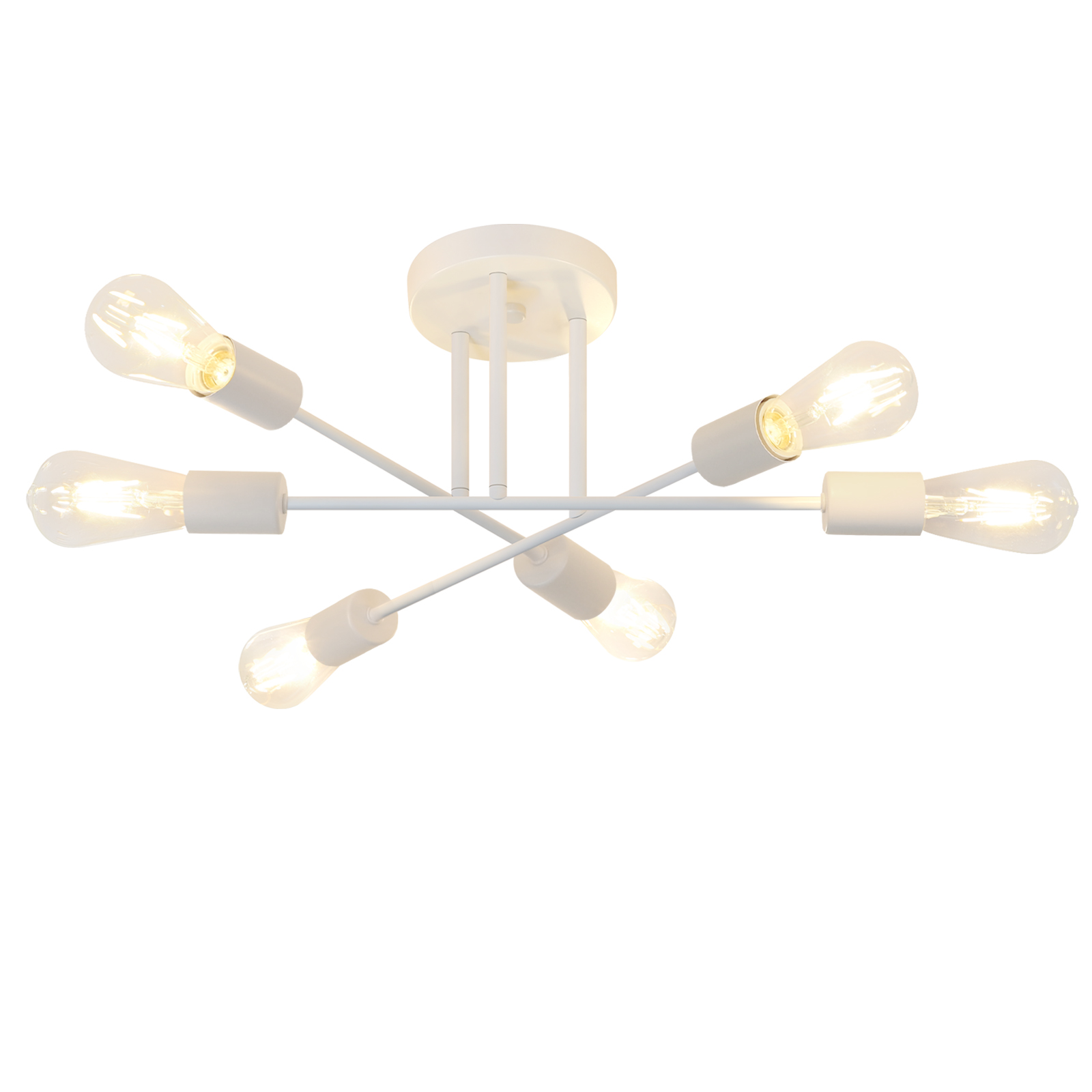 Biała lampa sufitowa z sześcioma żarówkami Edisona i białym mocowaniem sufitowym.