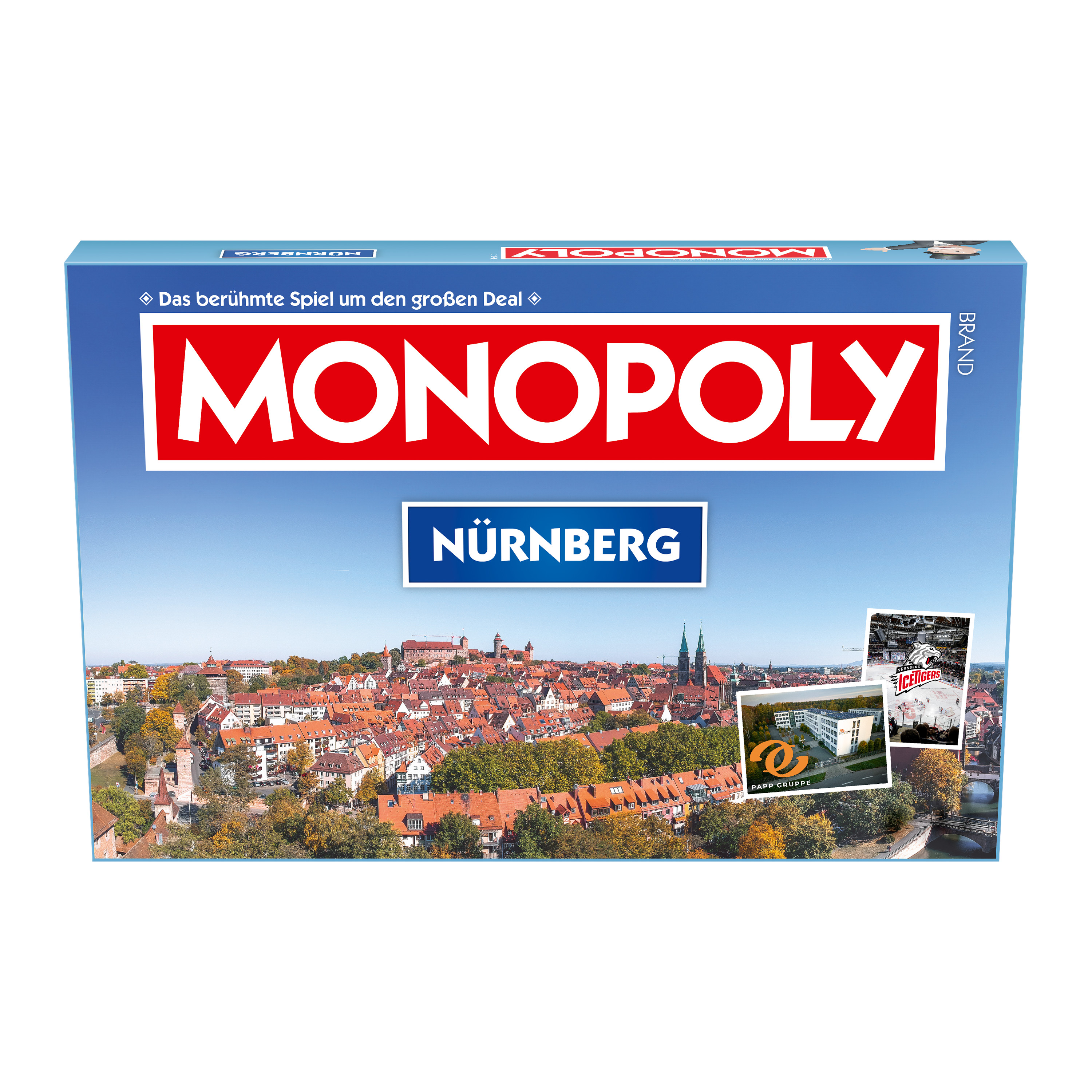 Monopoly-Brettspielbox mit Stadtansicht. Text: Monopoly Nürnberg.