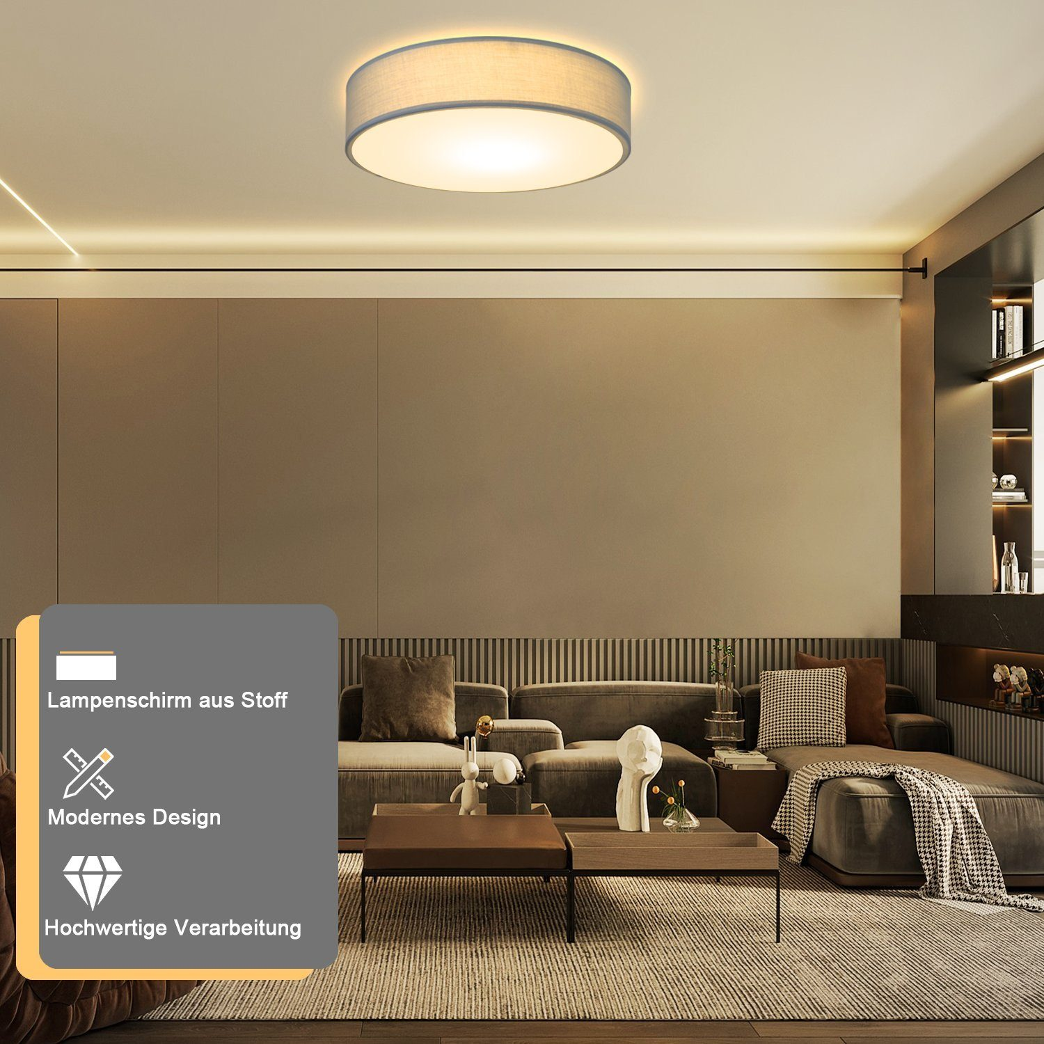 Salon o nowoczesnym designie z okrągłą lampą sufitową. Widoczna sofa, dywan i dzieła sztuki.