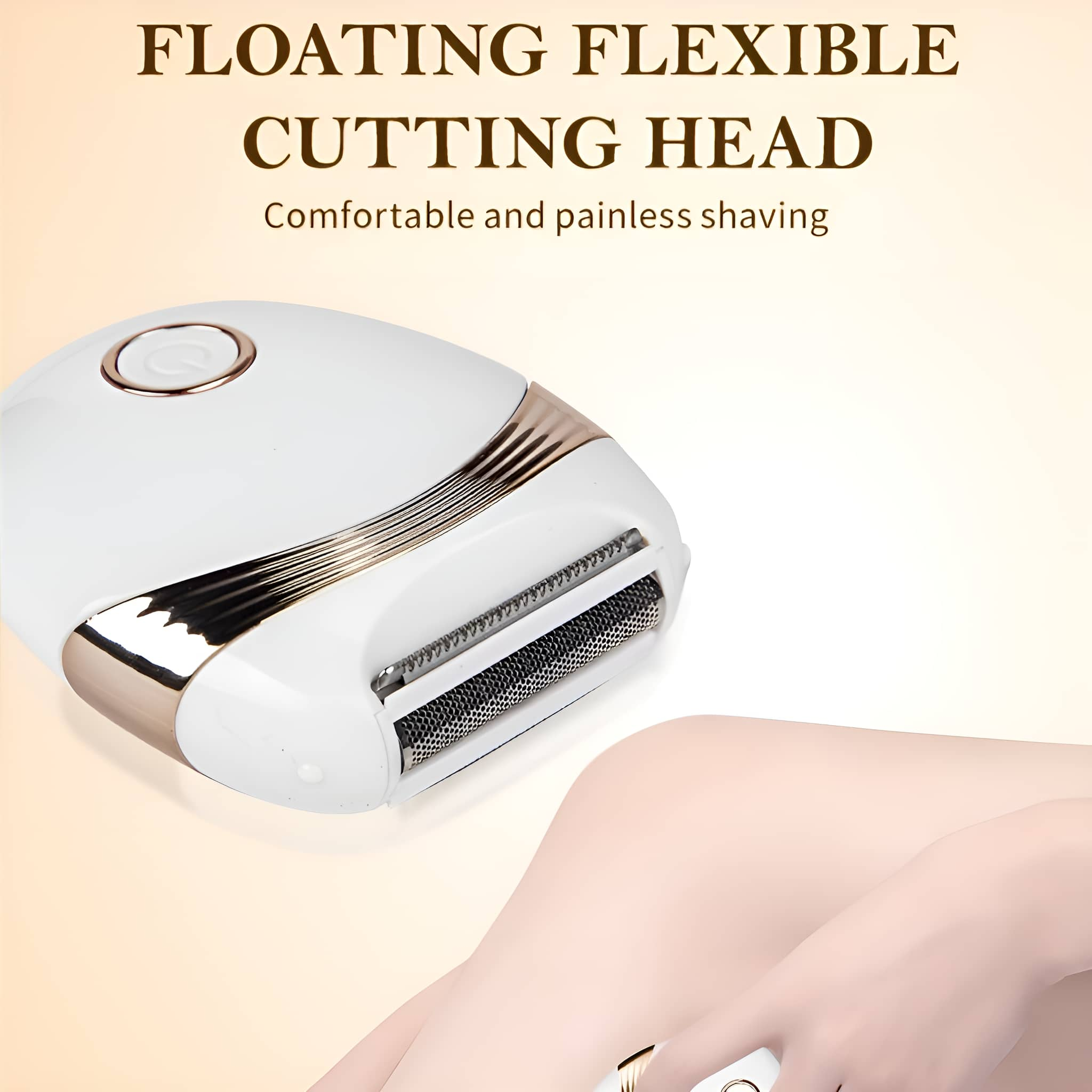 Ein elektrischer Rasierer mit Goldakzent in der Nähe eines Beins. Der Text lautet: Floating Flexible Cutting Head.