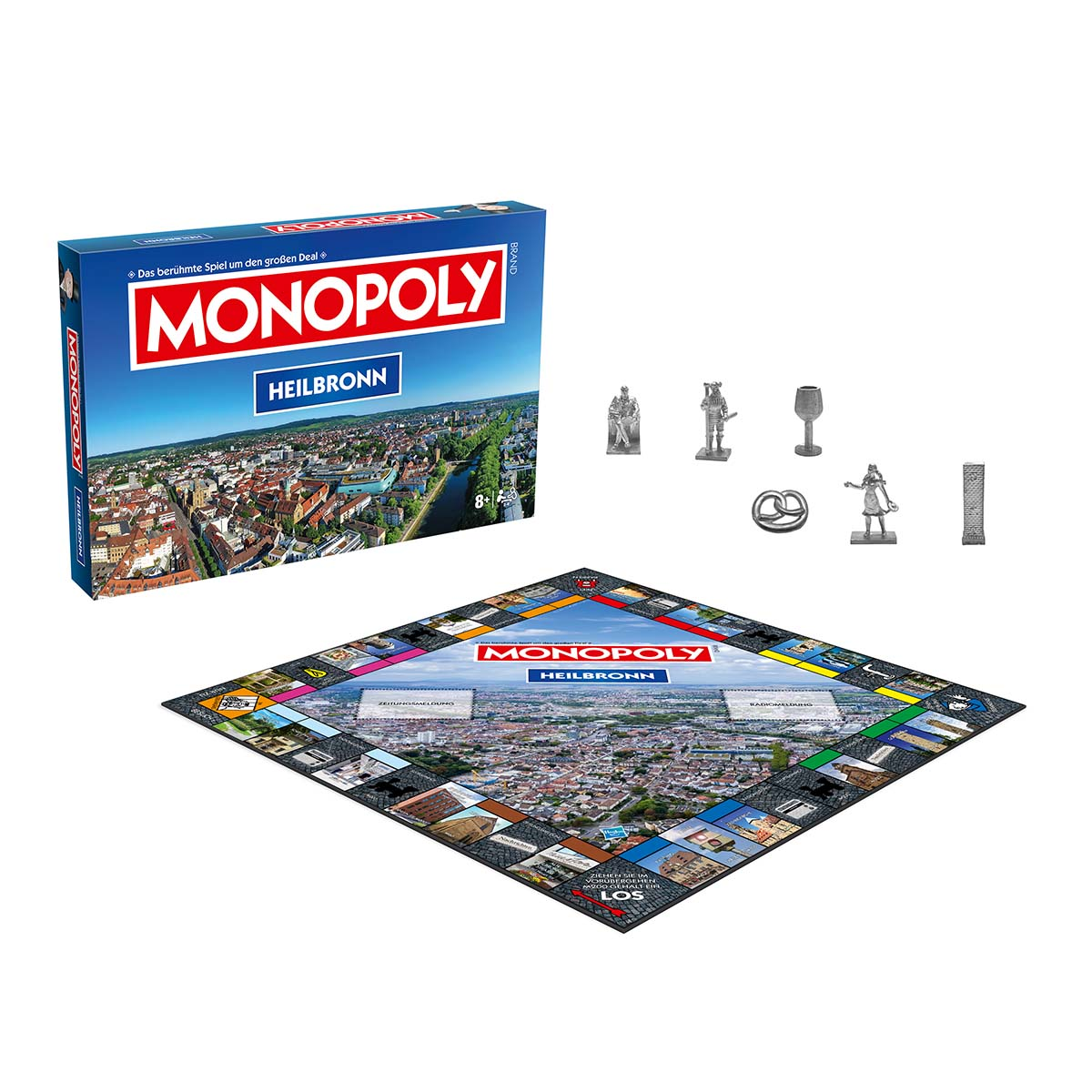 Monopoly-Brettspiel mit Heilbronn-Thema, Spielbrett, Spielfiguren und Schachtel mit Stadtansicht.