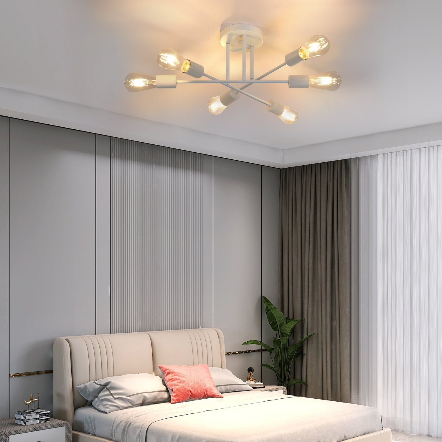 Biała lampa sufitowa z sześcioma żarówkami promieniującymi z centralnego punktu. Sypialnia.