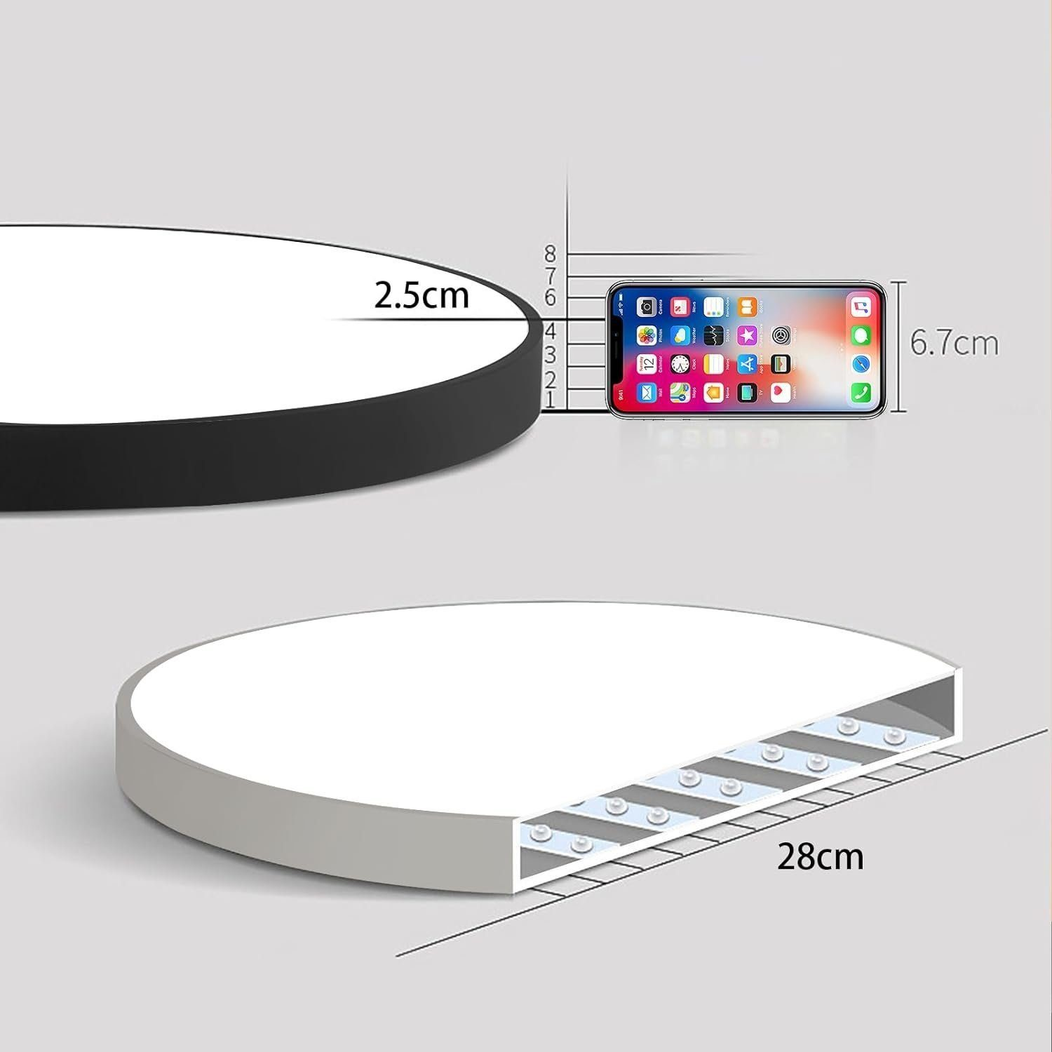 Una plafoniera a LED rotonda, bianca e nera. Le dimensioni sono 28 cm di diametro, 2,5 cm di altezza e 6,7 cm di telefono.
