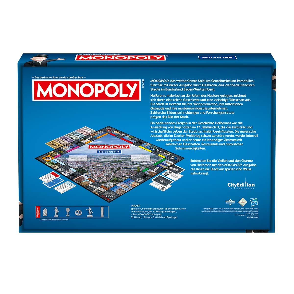 Die Rückseite einer Monopoly-Spielbox mit Stadtplan und Details.