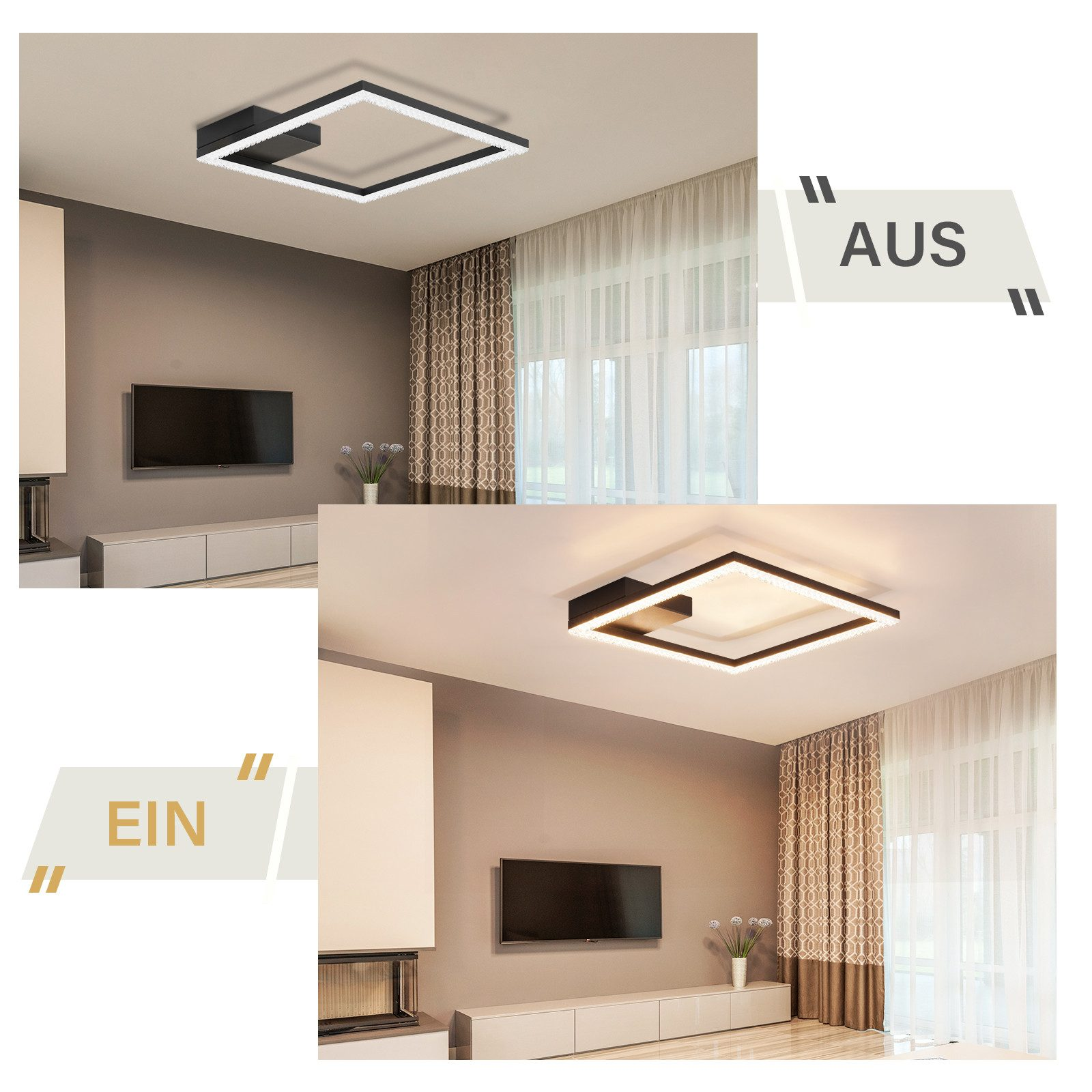 Dwa zdjęcia pokazują nowoczesną lampę sufitową. Jedno jest włączone, drugie wyłączone. Pokój ma telewizor i zasłony.