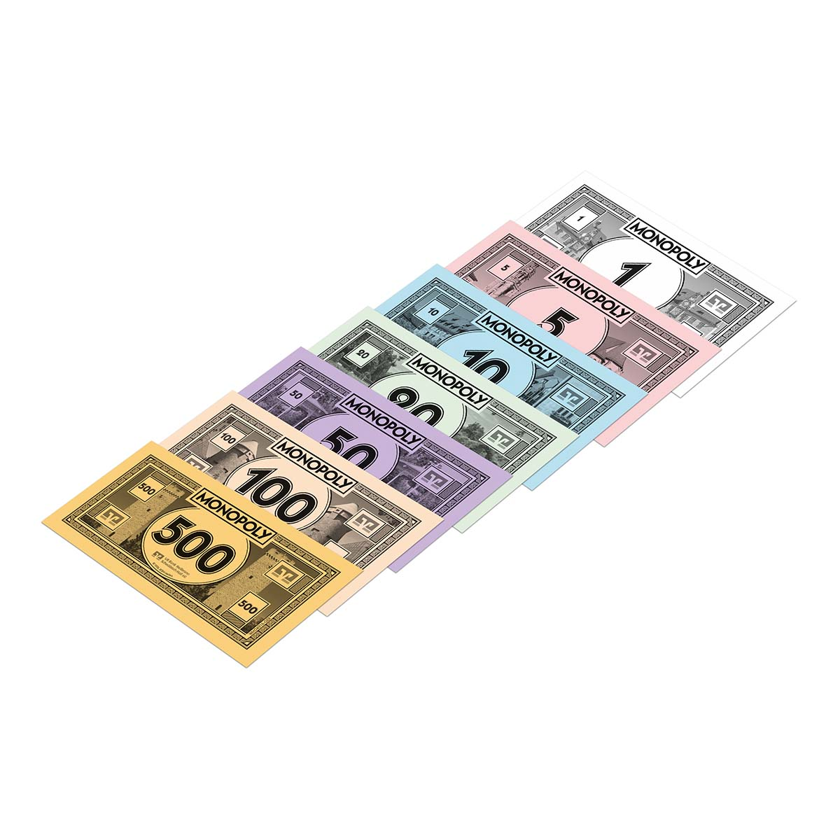 Monopoly-Geld verschiedener Stückelungen in Fächerform auf weißem Hintergrund.