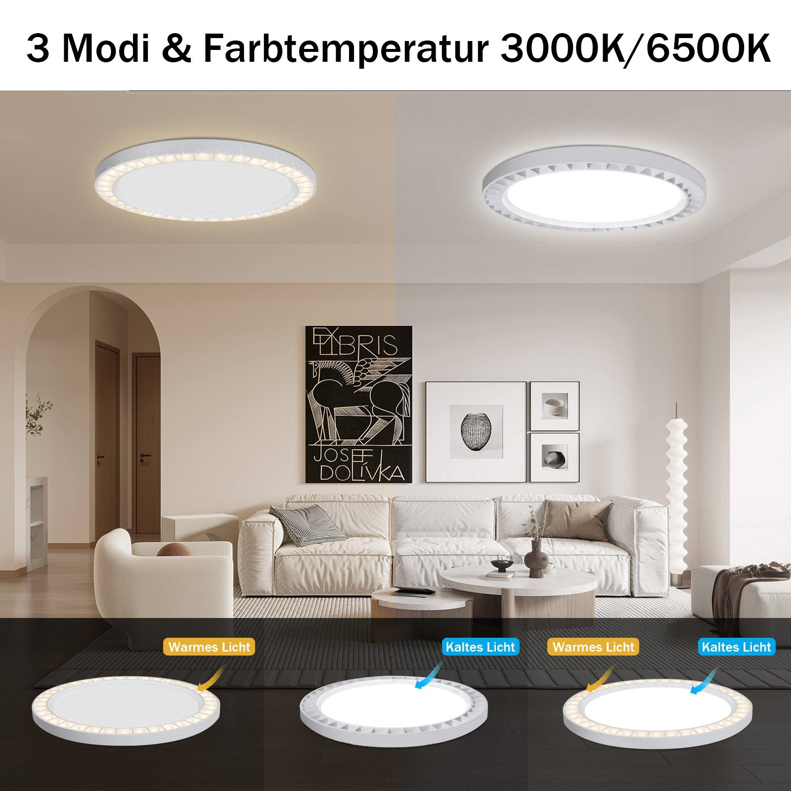 Tre lampade da soffitto con diverse modalità. Luci esposte in un salotto moderno.