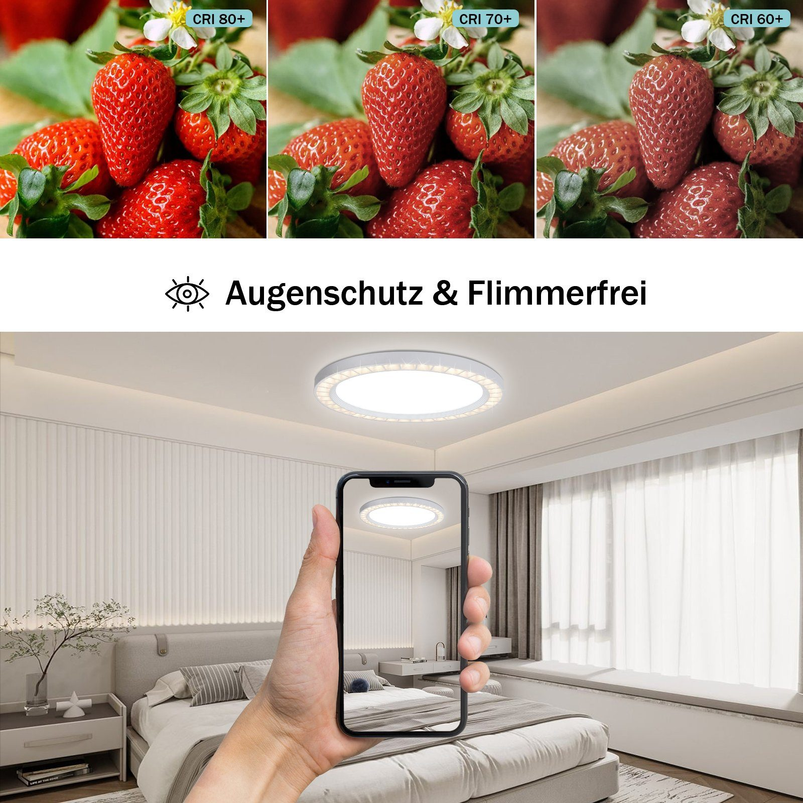 Luci a soffitto con fragole. Una mano che tiene un telefono mostra le luci.