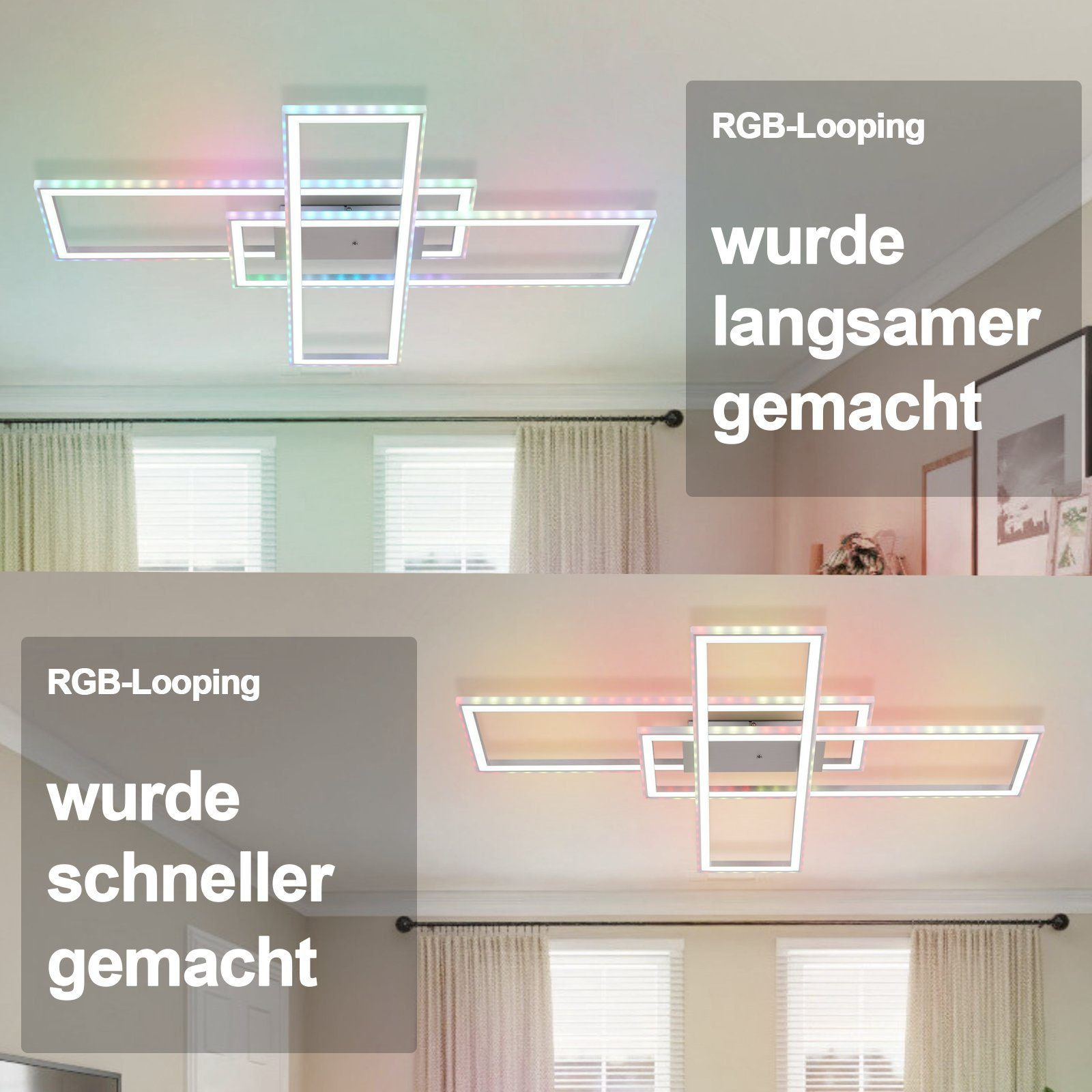 Dwa zdjęcia lamp sufitowych z różnymi ustawieniami RGB. Jedna jest szybsza, druga wolniejsza.