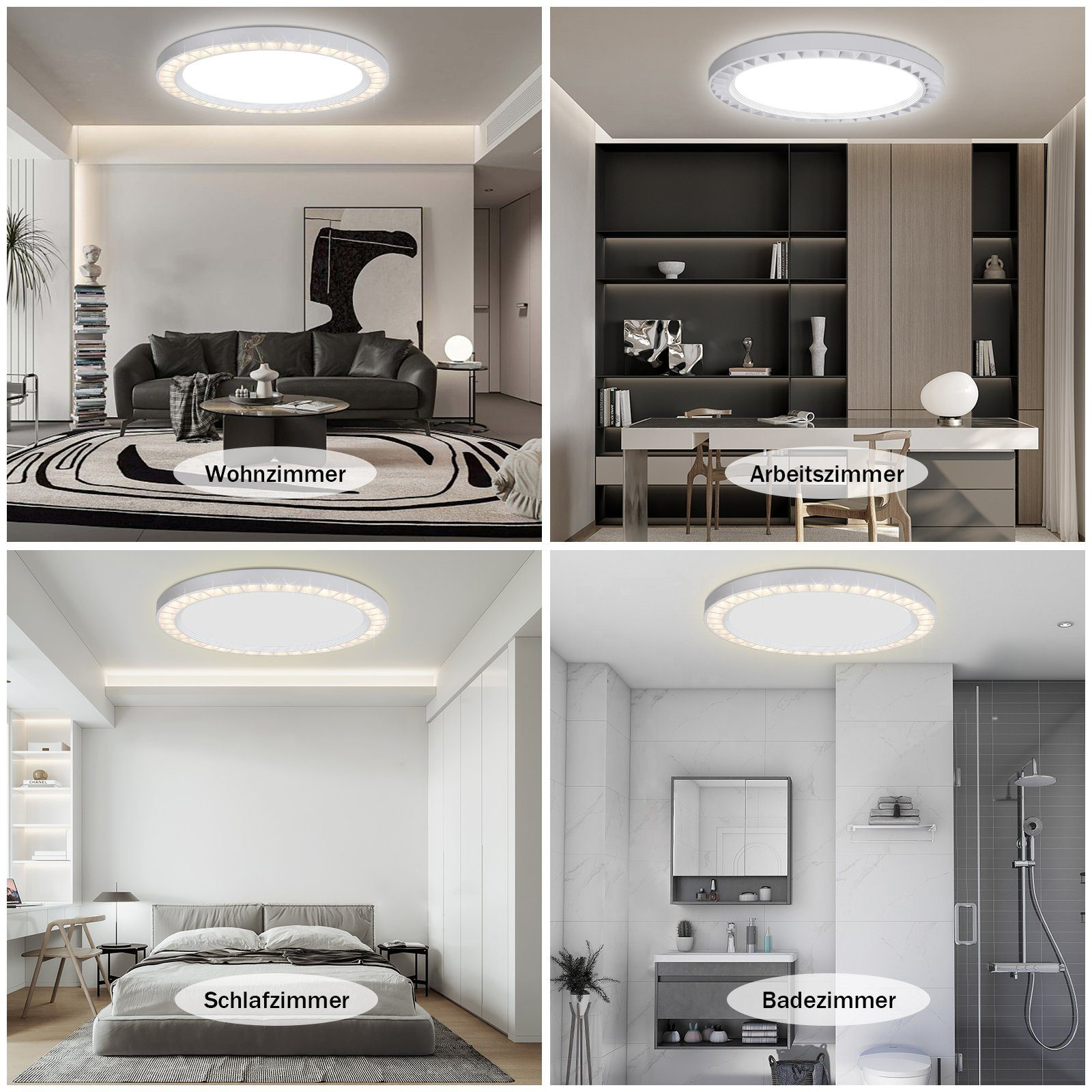Quattro immagini che mostrano diverse stanze con lampade a soffitto rotonde e bianche. Ogni stanza è diversa.