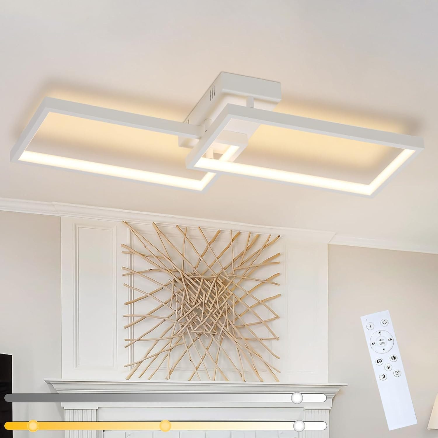 Biała lampa sufitowa z dwoma prostokątnymi oprawami oświetleniowymi, z pilotem i dekoracyjnym elementem ściennym.