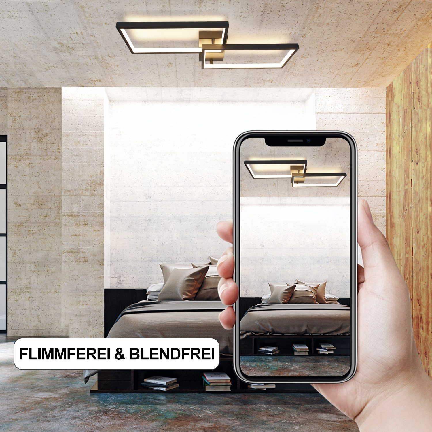 Ujęcie wnętrza z lampą sufitową, osoba trzymająca telefon ze światłem.