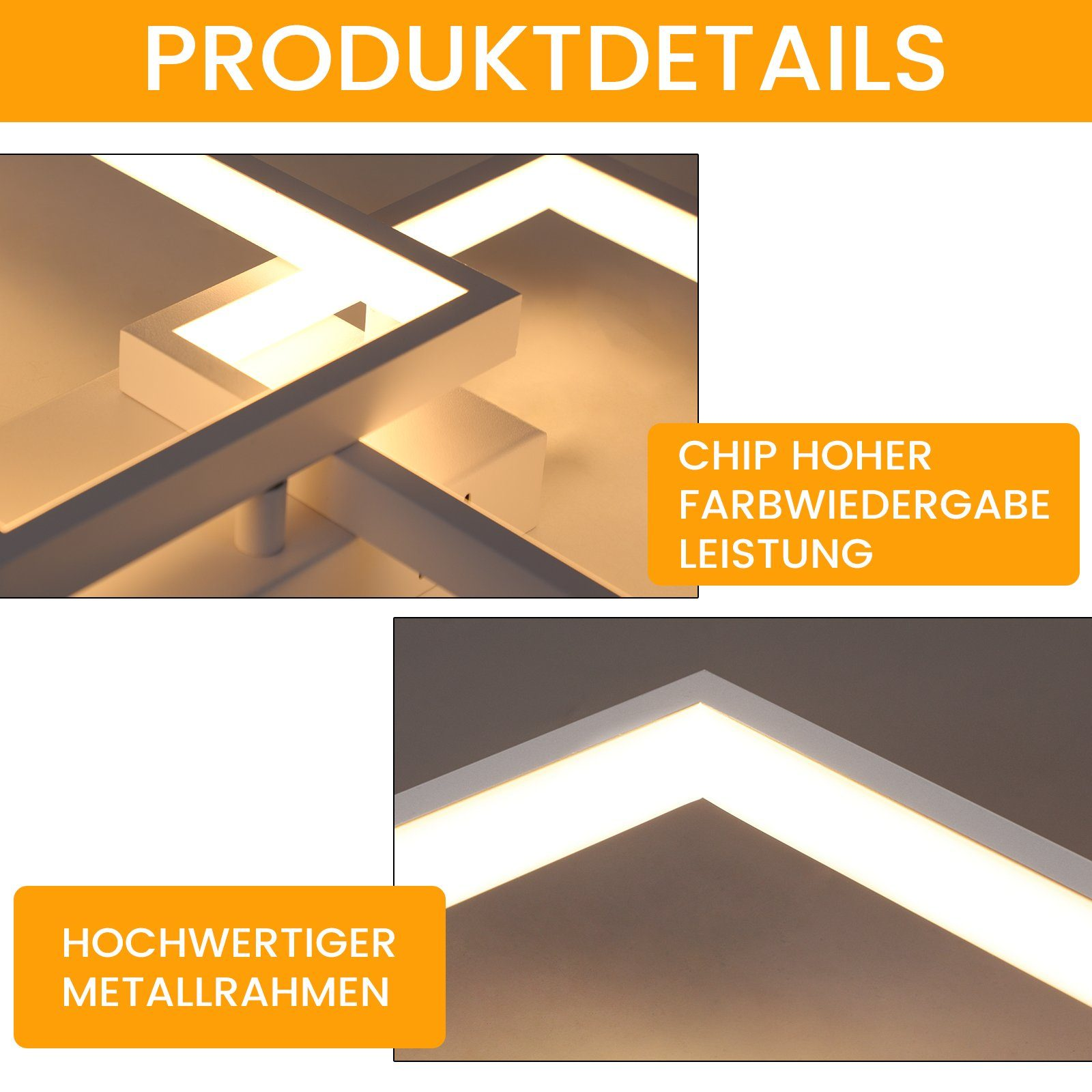 Zbliżenie szczegółów białego oświetlenia sufitowego. Pokazuje metalową ramę i chip o wysokim oddawaniu barw.