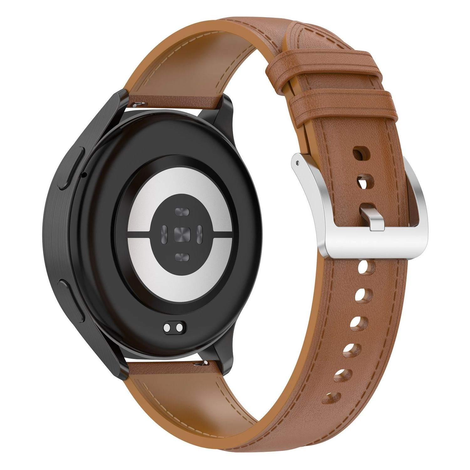 Eine Smartwatch mit braunem Lederarmband, die die Rückseite der Uhr zeigt.