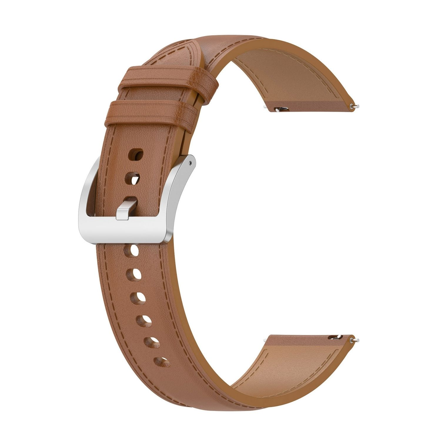 Ein braunes Lederarmband mit silberner Schnalle auf weißem Hintergrund.