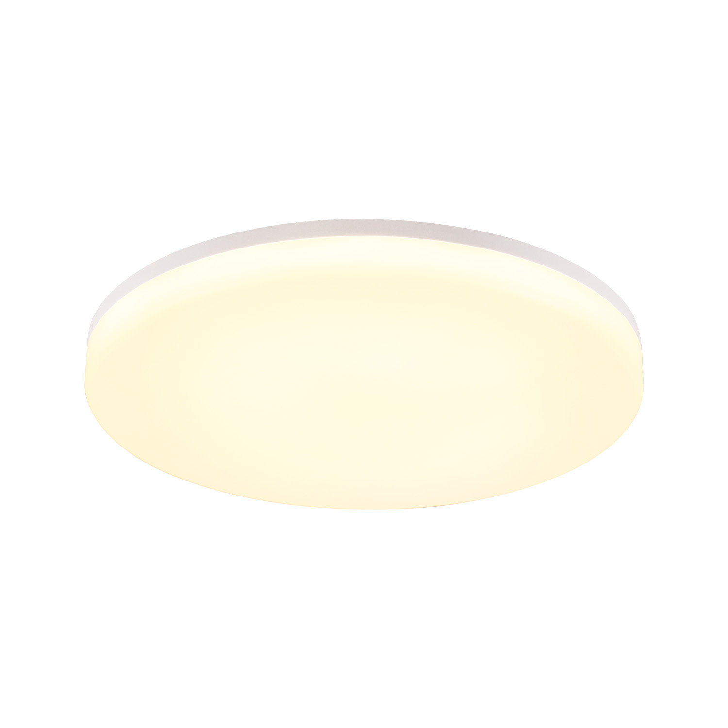 Biała, okrągła lampa sufitowa LED na białym tle.