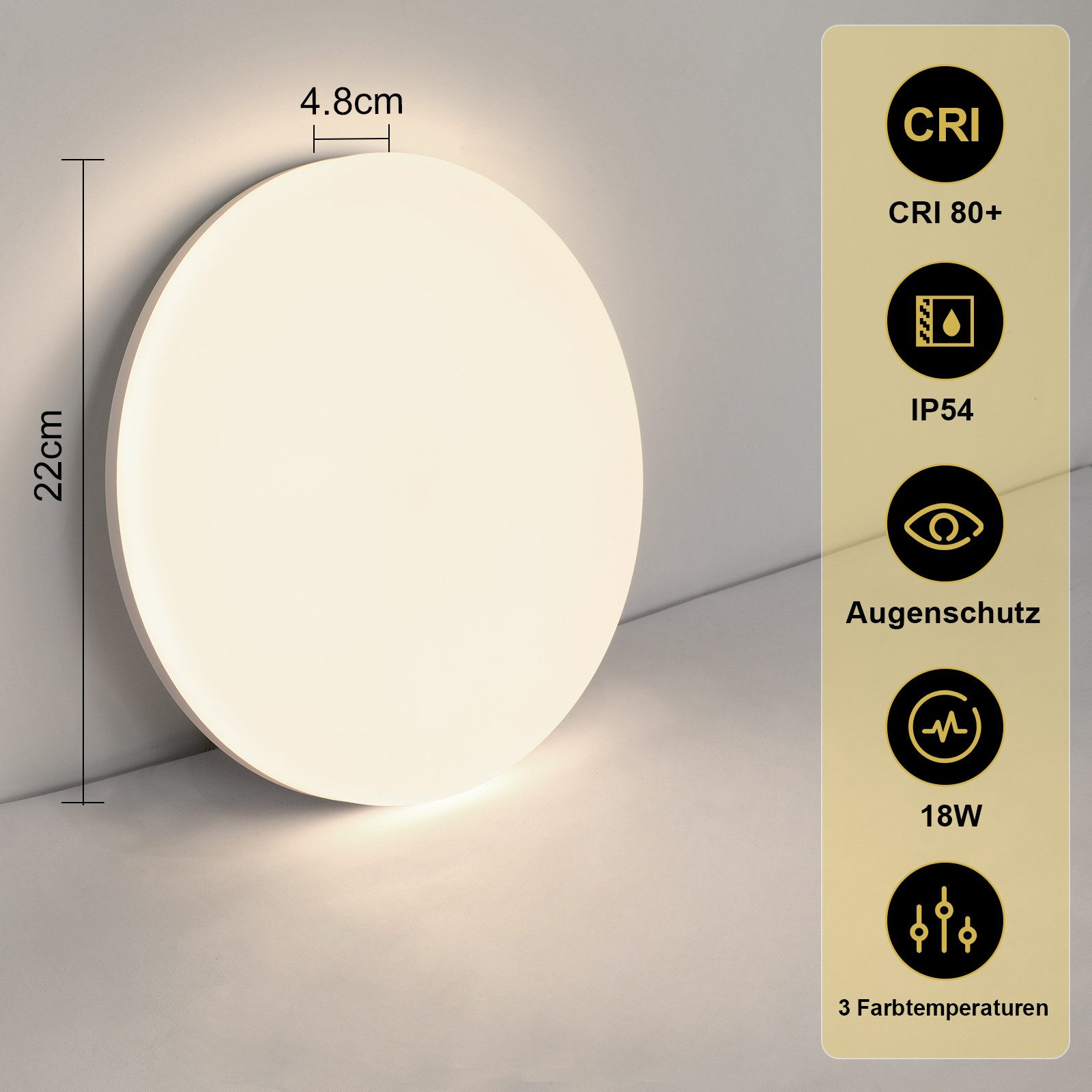 Okrągła lampa sufitowa LED ze specyfikacjami i wymiarami na szarej ścianie.