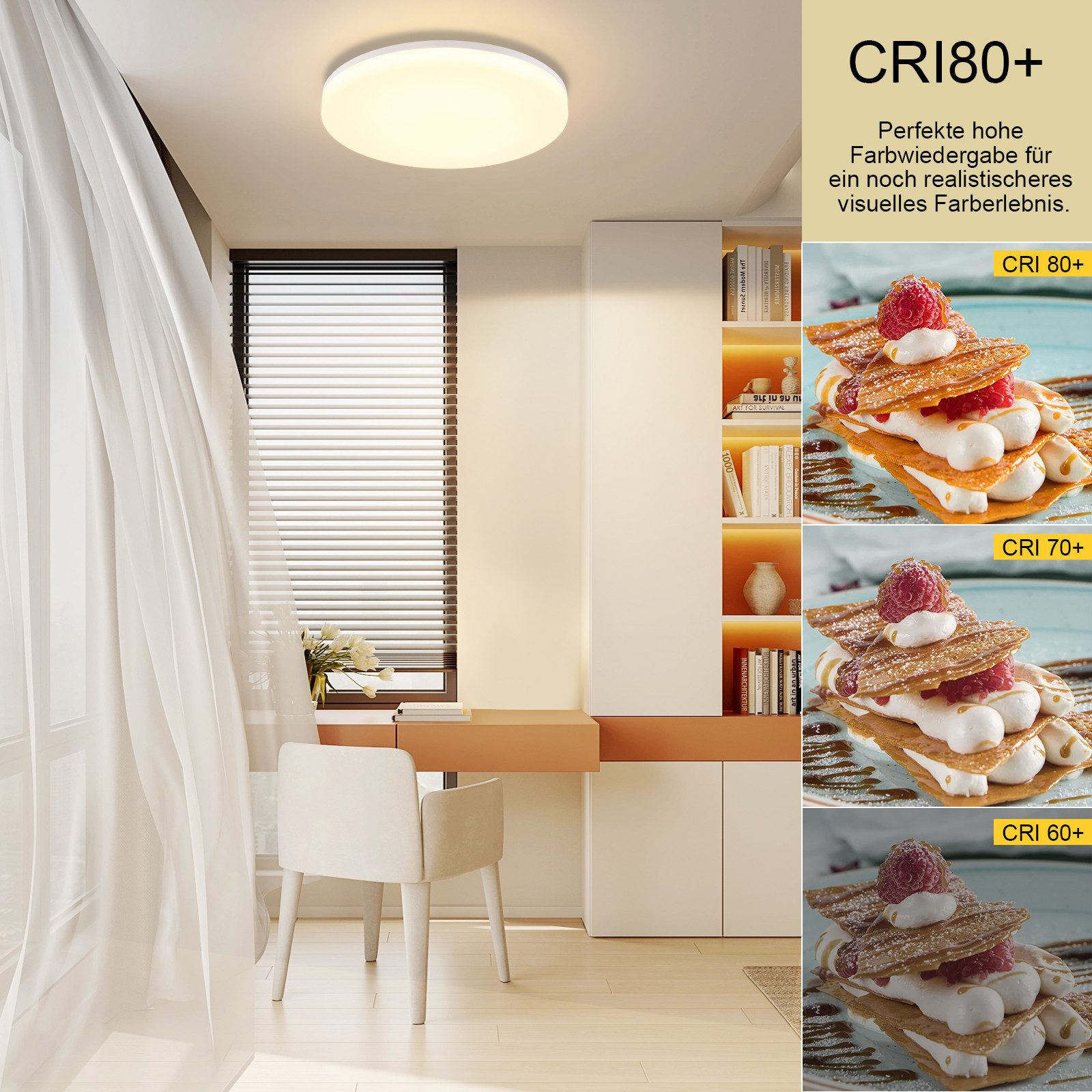Jasny pokój z oświetleniem sufitowym i biurkiem. Obrazy deserów z boku. CRI 80+, 70+ i 60+.