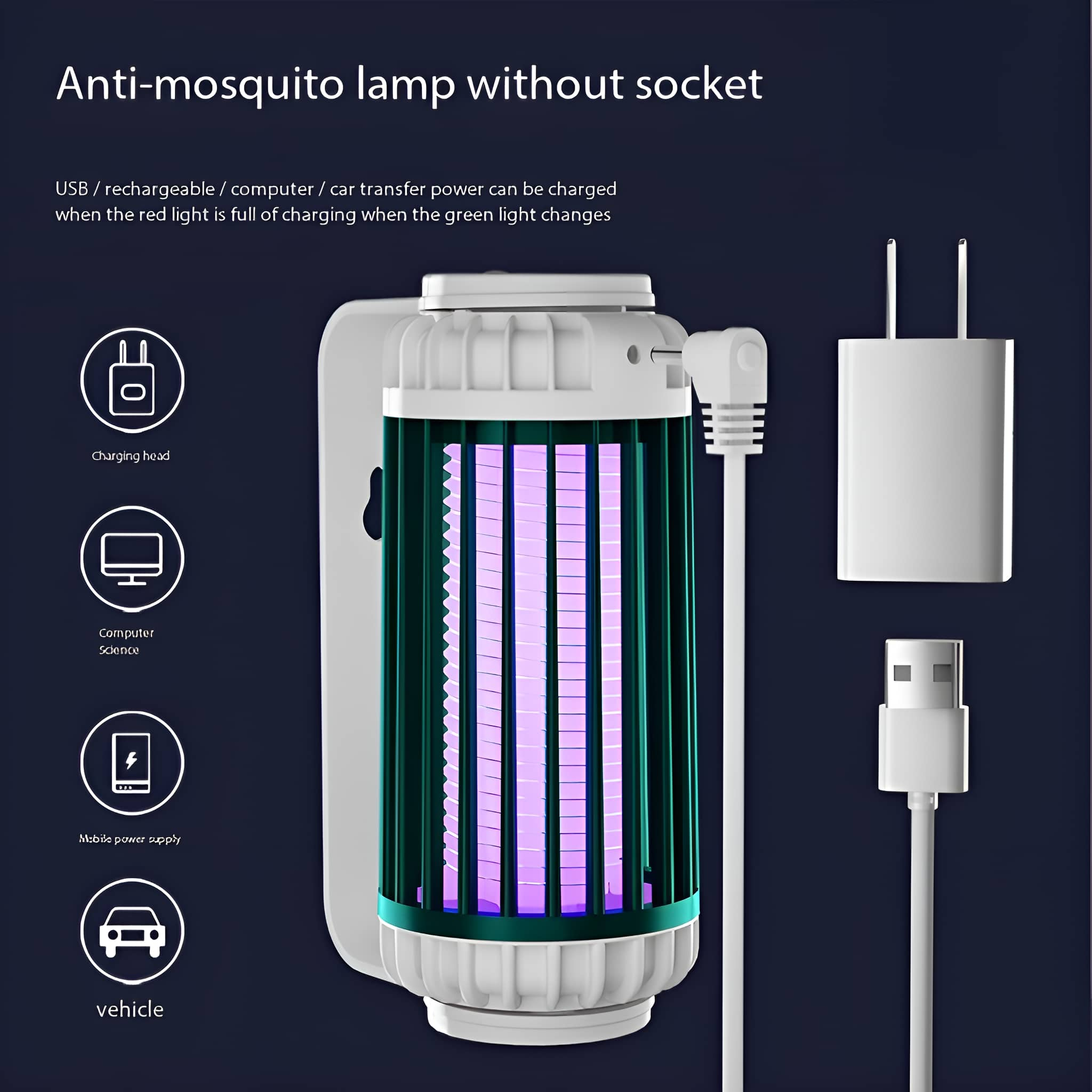 Anti-Mücken-Lampe mit Ladegerät, Computer-Science-Symbolen und USB-Ladegerät.