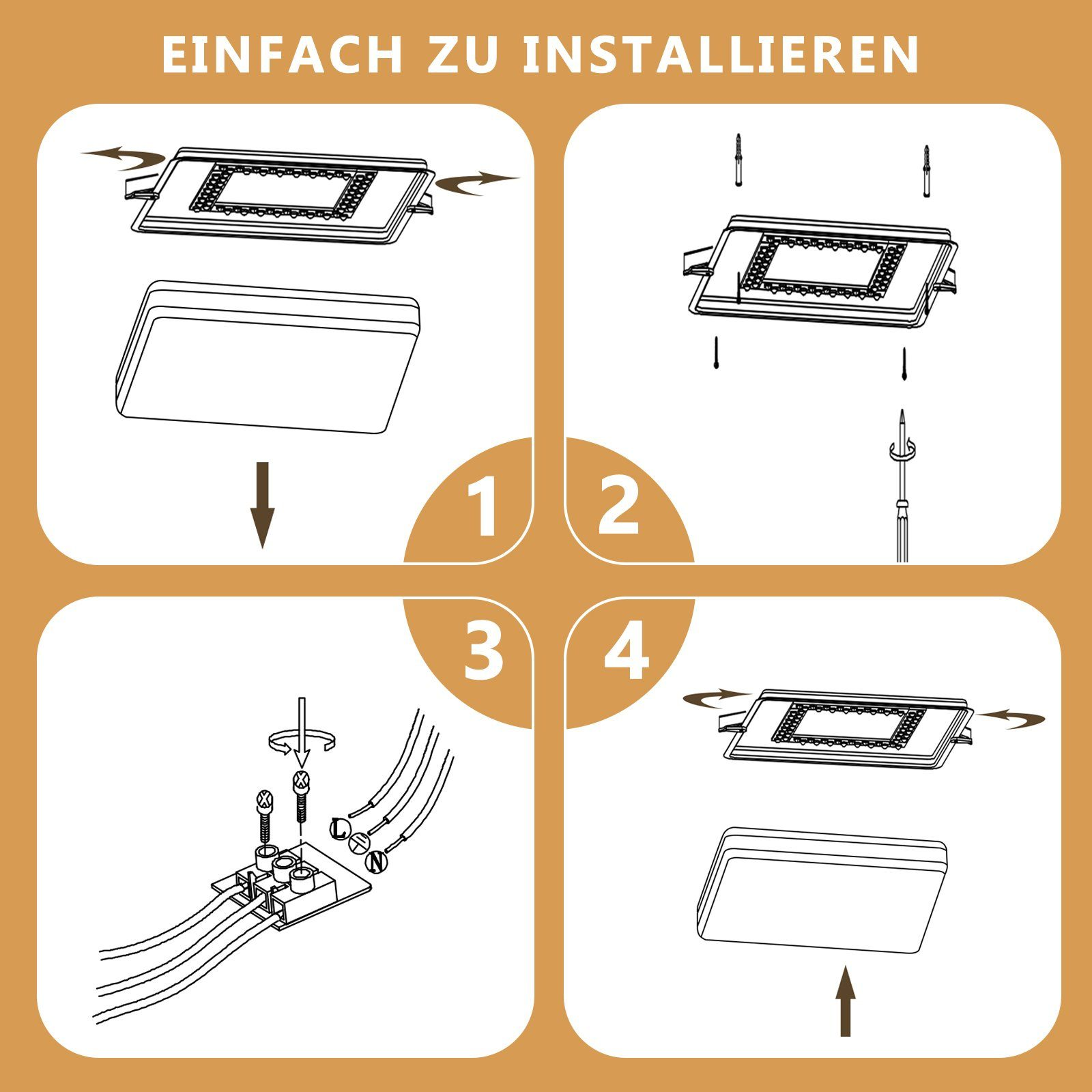 Instrukcja instalacji pokazana w czterech krokach. Białe tło.