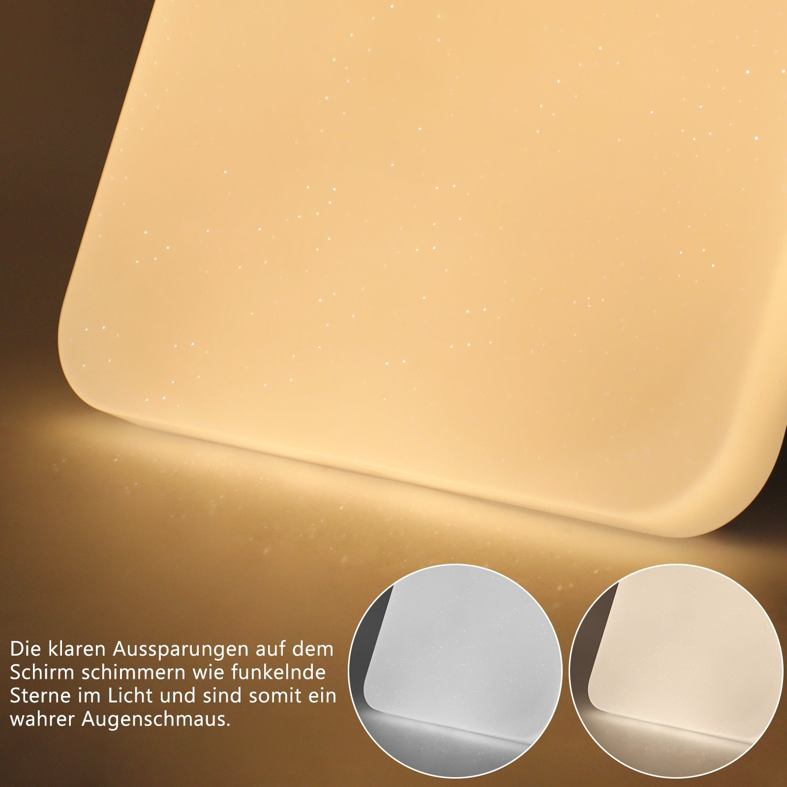 Zbliżenie białego panelu świetlnego z małymi punktami. Dwa okrągłe wycięcia pokazują różne światła.