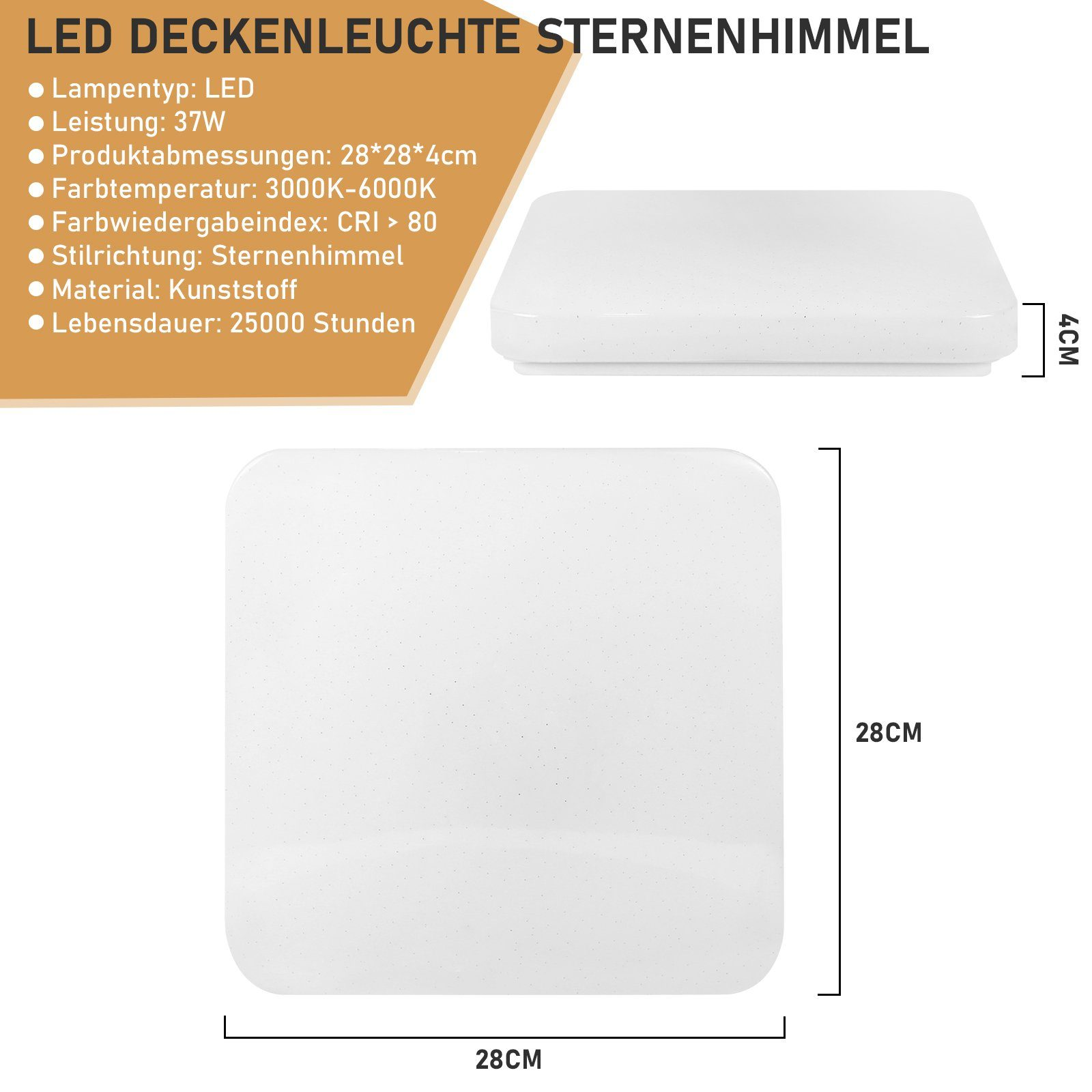 Biała kwadratowa lampa sufitowa. Dane techniczne są wymienione w lewym górnym rogu obrazu.