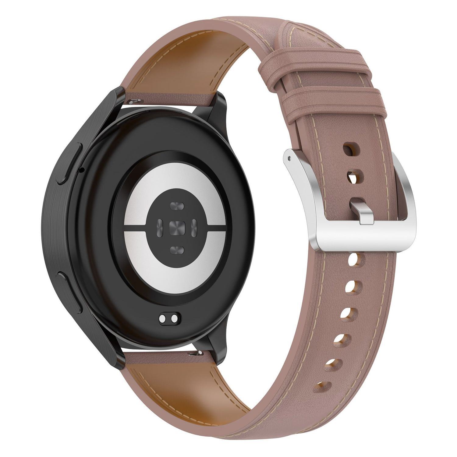 Schwarze Smartwatch mit braunem Lederarmband. Die Rückseite der Uhr ist sichtbar.