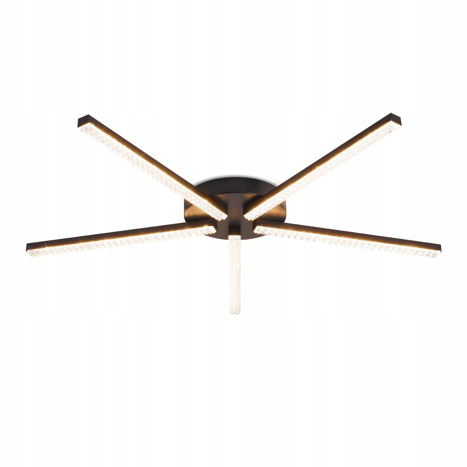 Lampa sufitowa z pięcioma promienistymi ramionami, z paskami LED. Jest ciemna i ma białe tło.