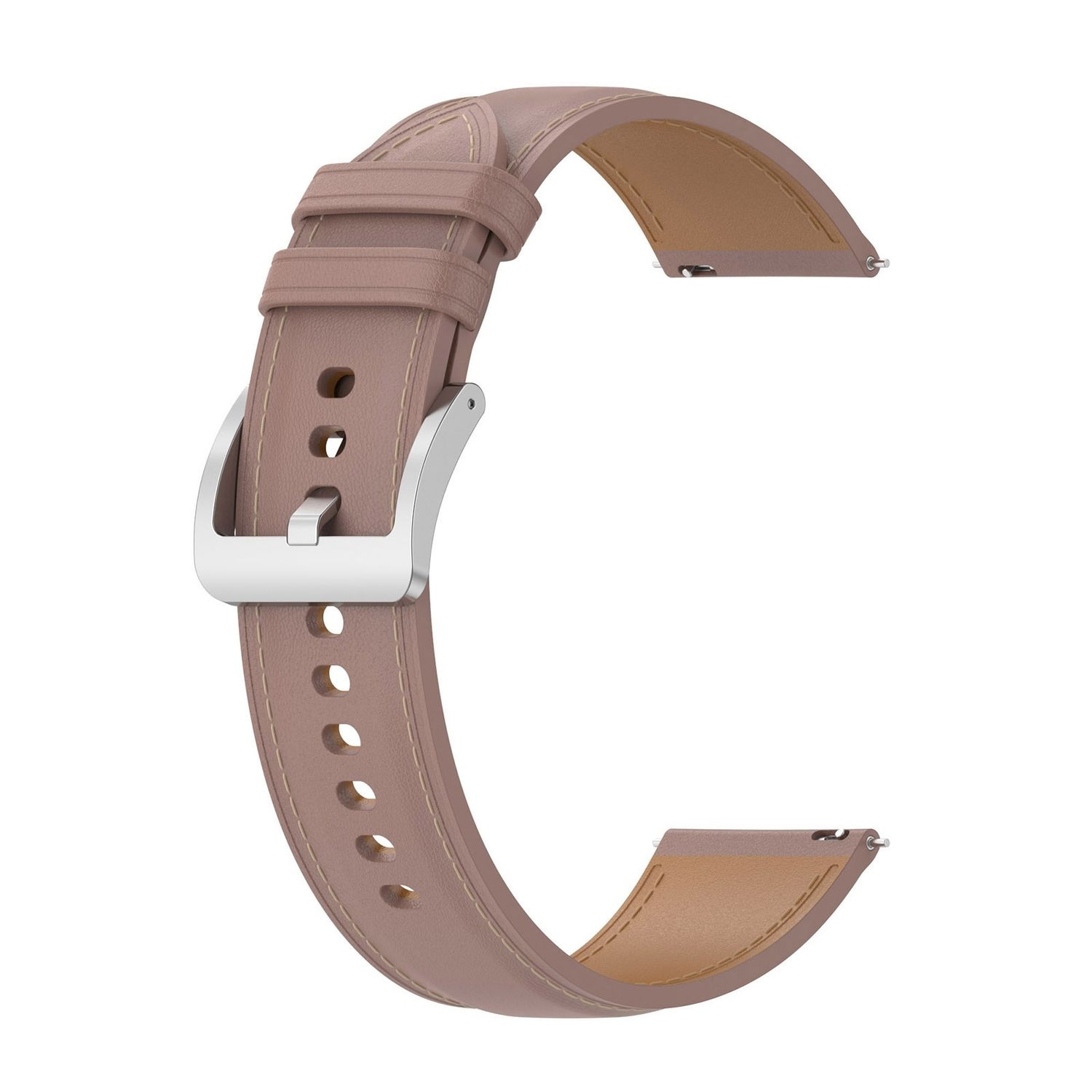 Rosa Uhrenarmband mit silberner Schnalle und Steppnaht.