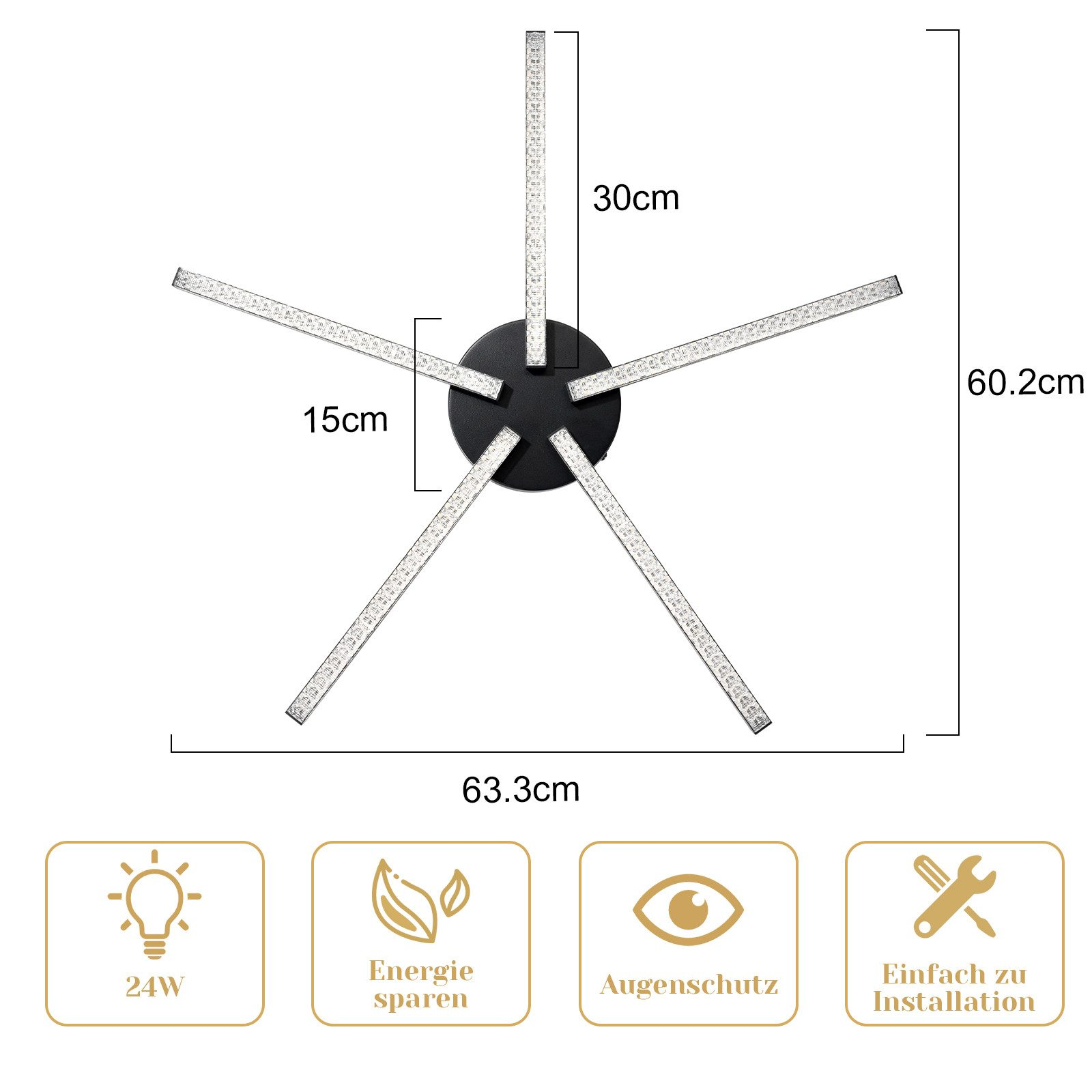 Nowoczesna czarna lampa sufitowa z pięcioma ramionami, każde z diodami LED. Wymiary w cm.