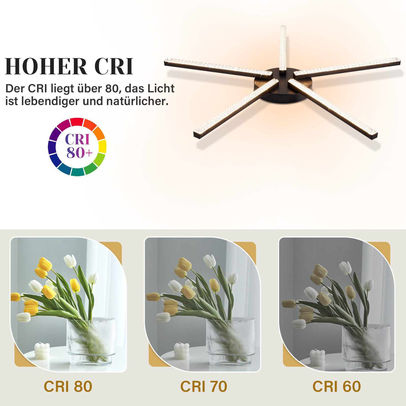 Lampa sufitowa z wieloma listwami świetlnymi, tulipany w wazonach. Białe tło.