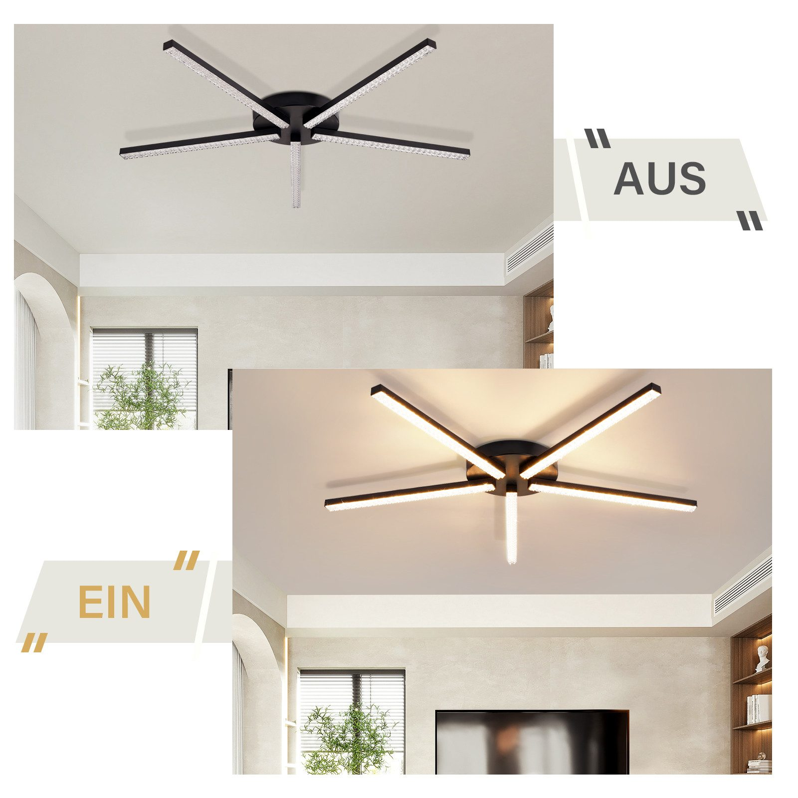 Oświetlenie sufitowe, włączone i wyłączone. Czarna oprawa z wieloma listwami świetlnymi. Jedna jest włączona, druga wyłączona.