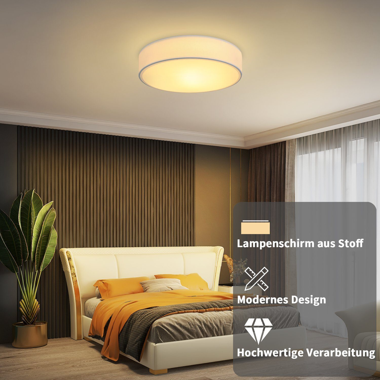 Sypialnia z okrągłym oświetleniem sufitowym. Łóżko z żółtymi akcentami. Ciemna ściana i biała rama łóżka.