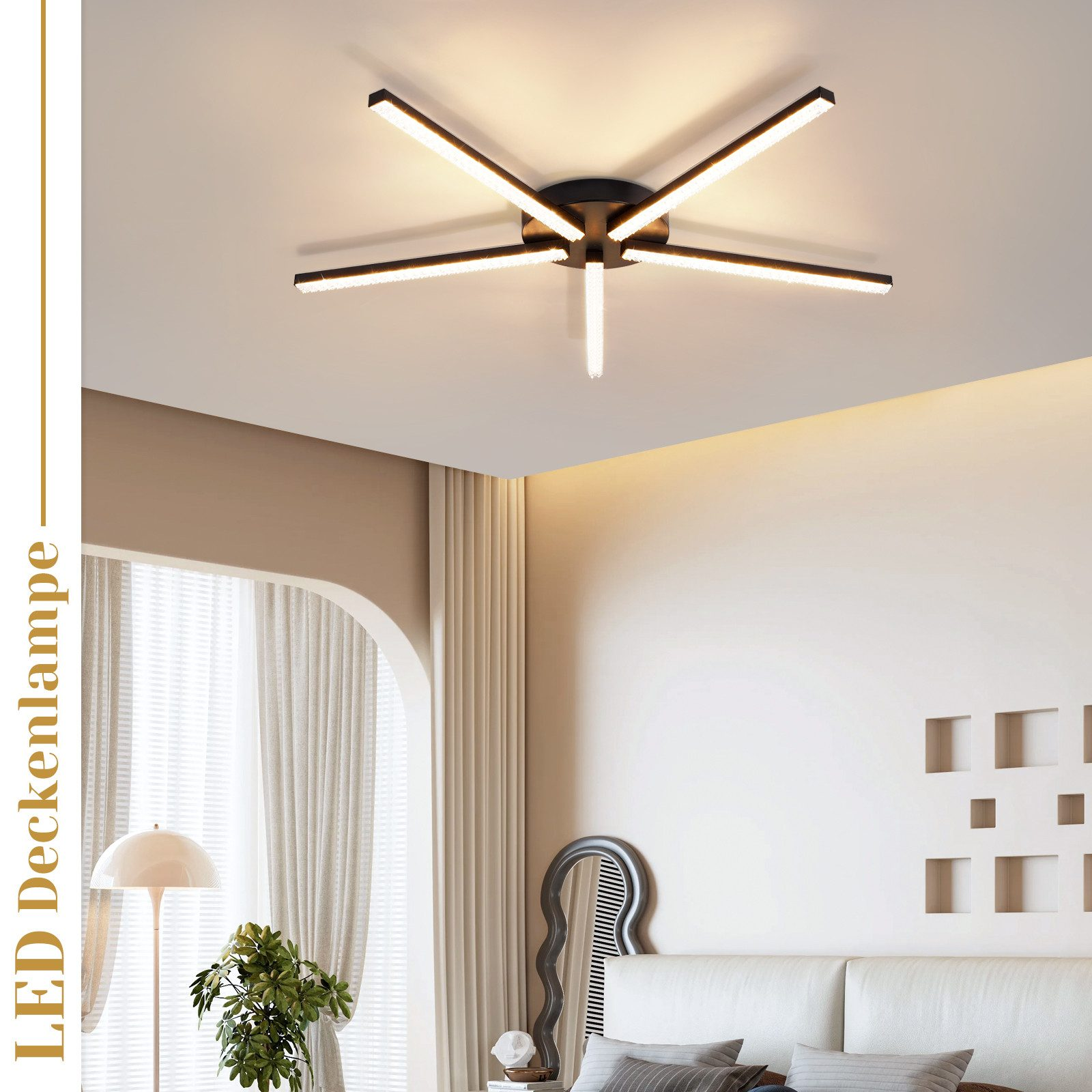 Nowoczesna lampa sufitowa z sześcioma ramionami wychodzącymi ze środkowego czarnego elementu. Pokój ma przytulną atmosferę.