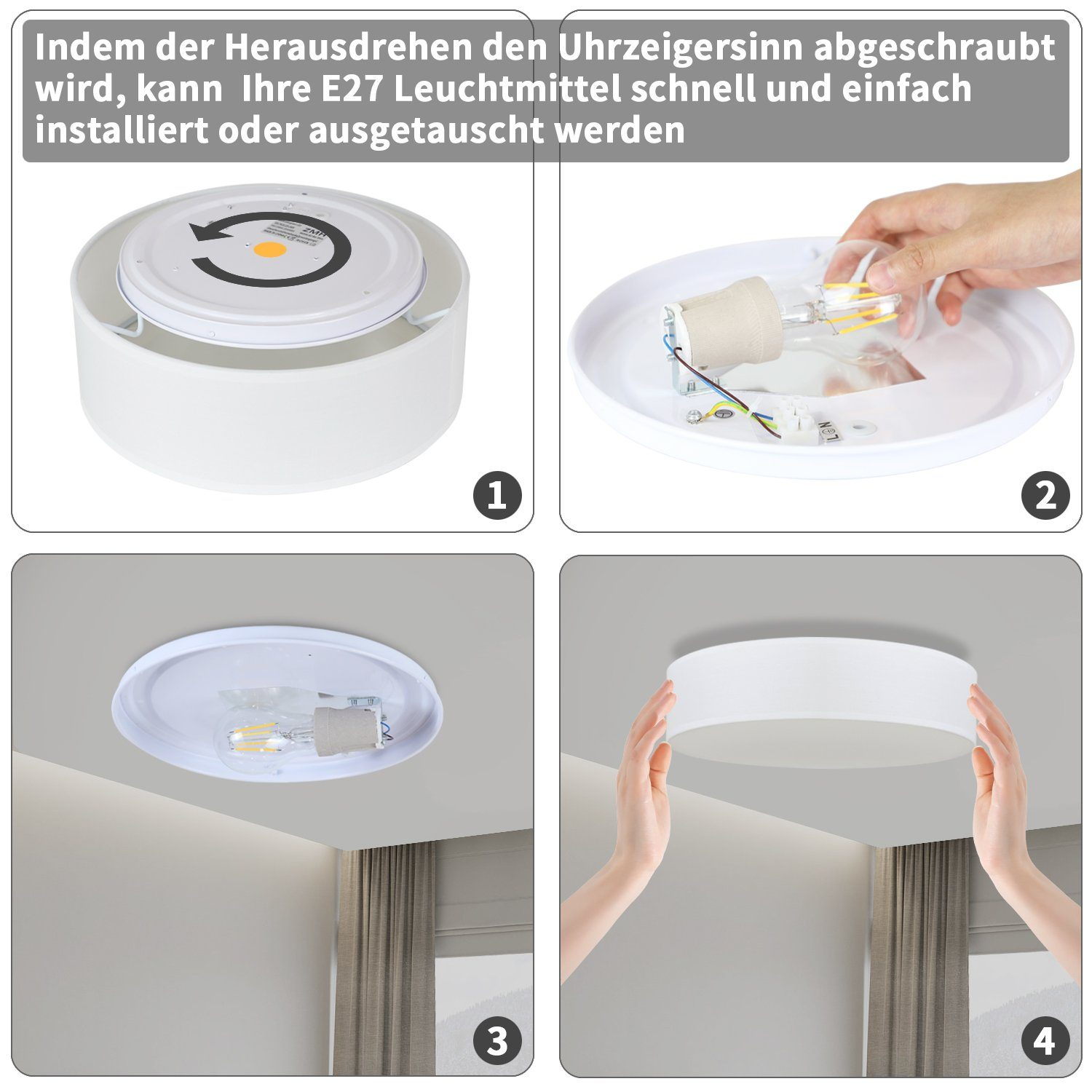 Cztery obrazy pokazujące instalację lampy sufitowej krok po kroku.