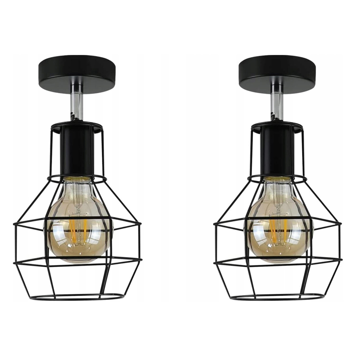 Dwie czarne lampy sufitowe z konstrukcją drucianej klatki wokół żarówki. Wiszą z białego sufitu.