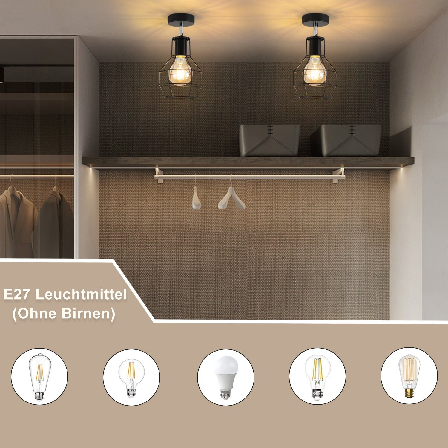 Dwie wiszące czarne lampy z odsłoniętymi żarówkami nad półką i wieszakiem na ubrania.