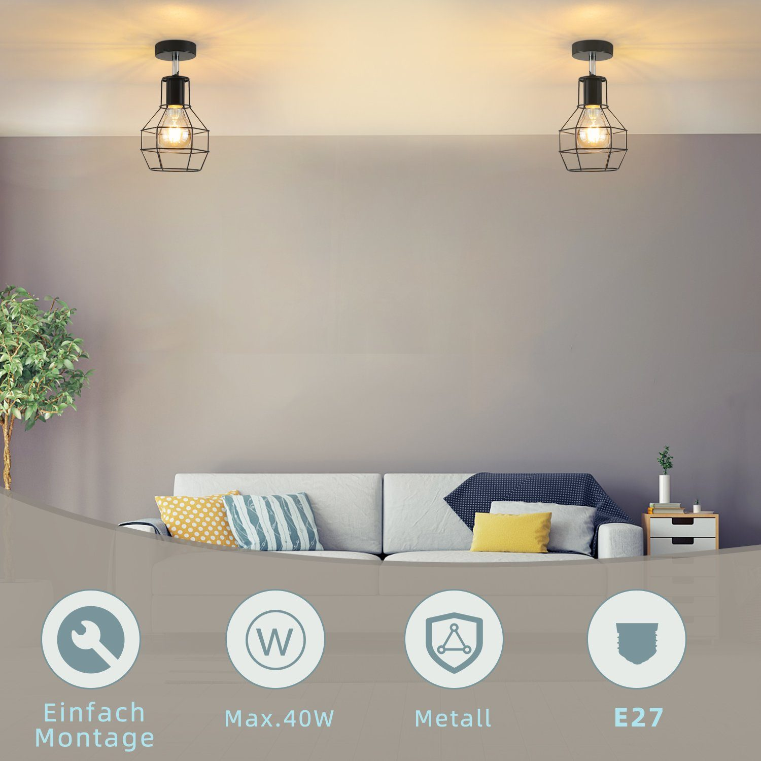 Dwie wiszące lampy z drucianym wzorem w salonie, z ikonami poniżej.