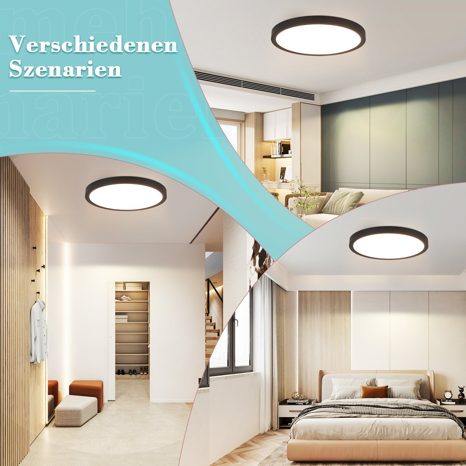 Trzy sceny wewnętrzne z lampami sufitowymi. Każda scena przedstawia inne ustawienia domowe.