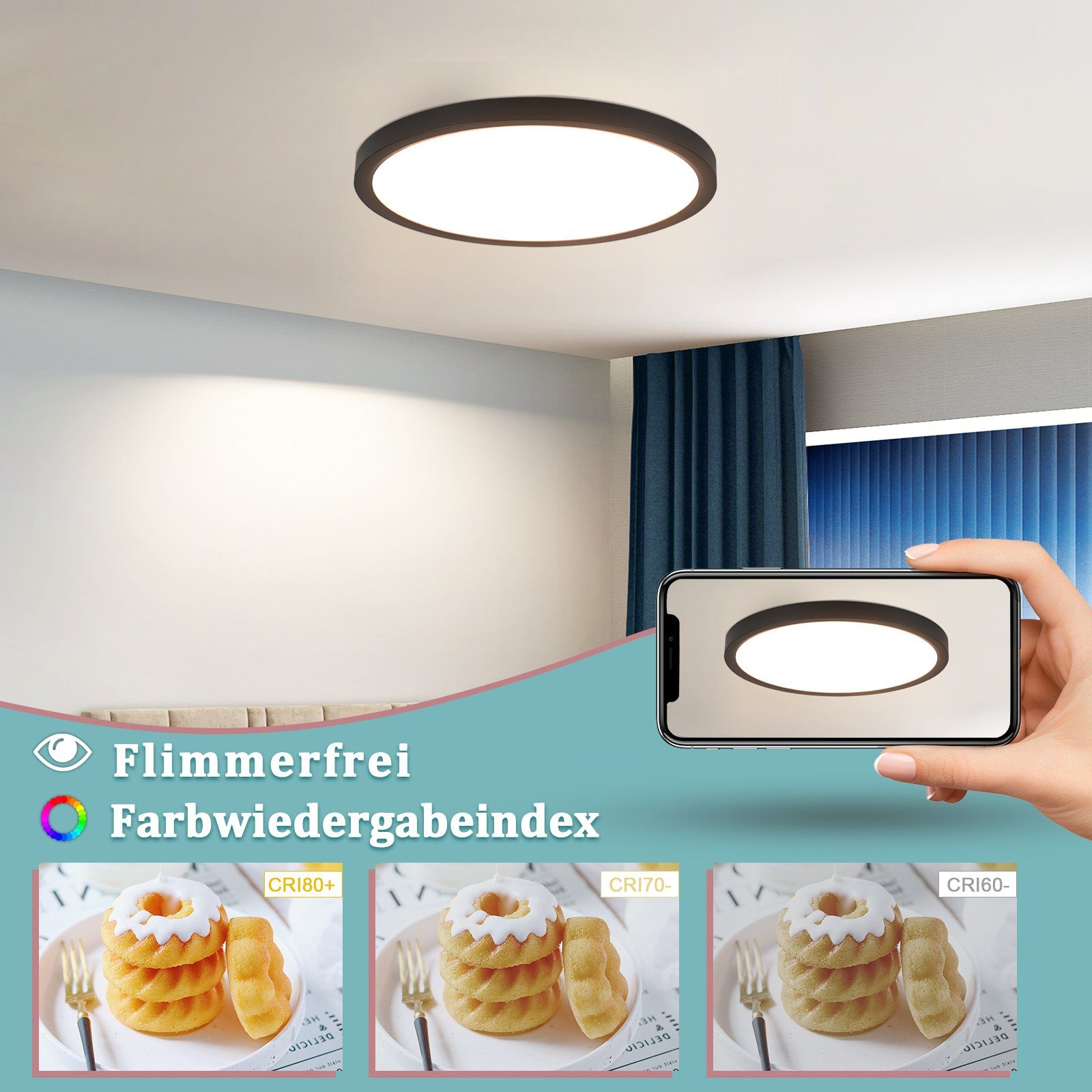 Lampa sufitowa z czarną ramą. Telefon pokazuje światło. Ciasta w dolnym rzędzie.