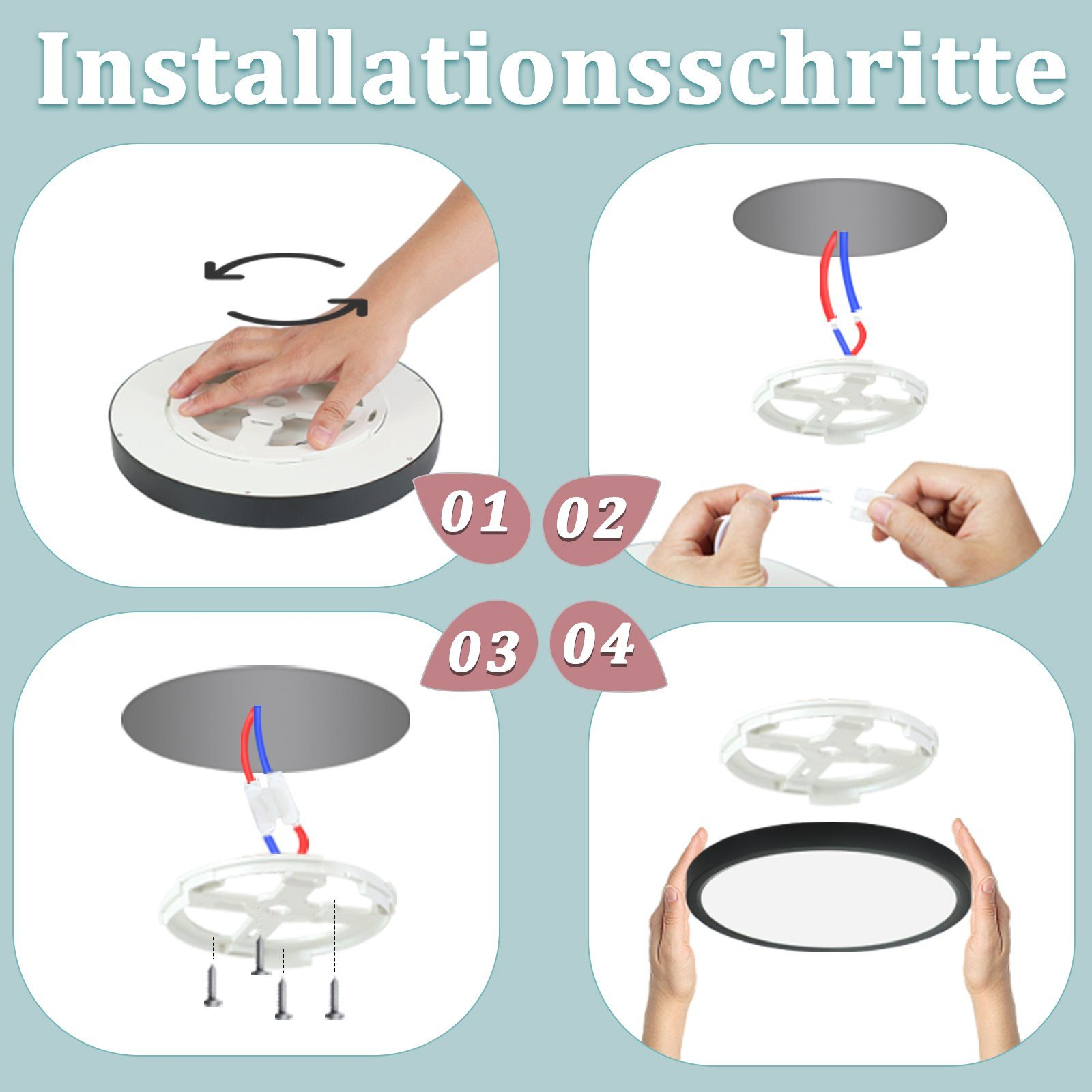 Czterostopniowa instrukcja instalacji. Ręce montują lampę sufitową.
