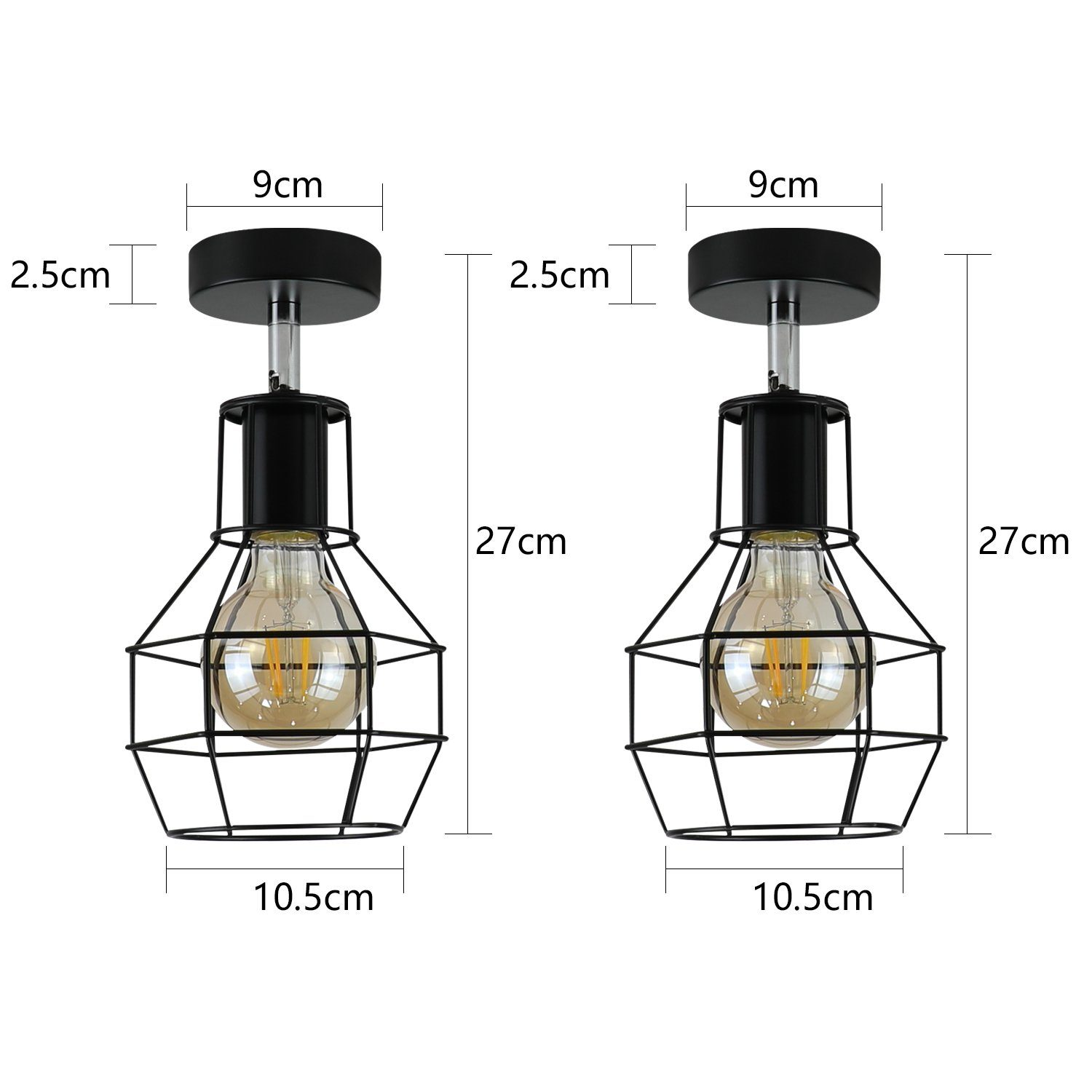 Dwie czarne lampy wiszące z klatkami wokół żarówek, wymiary są wskazane obok lampy.