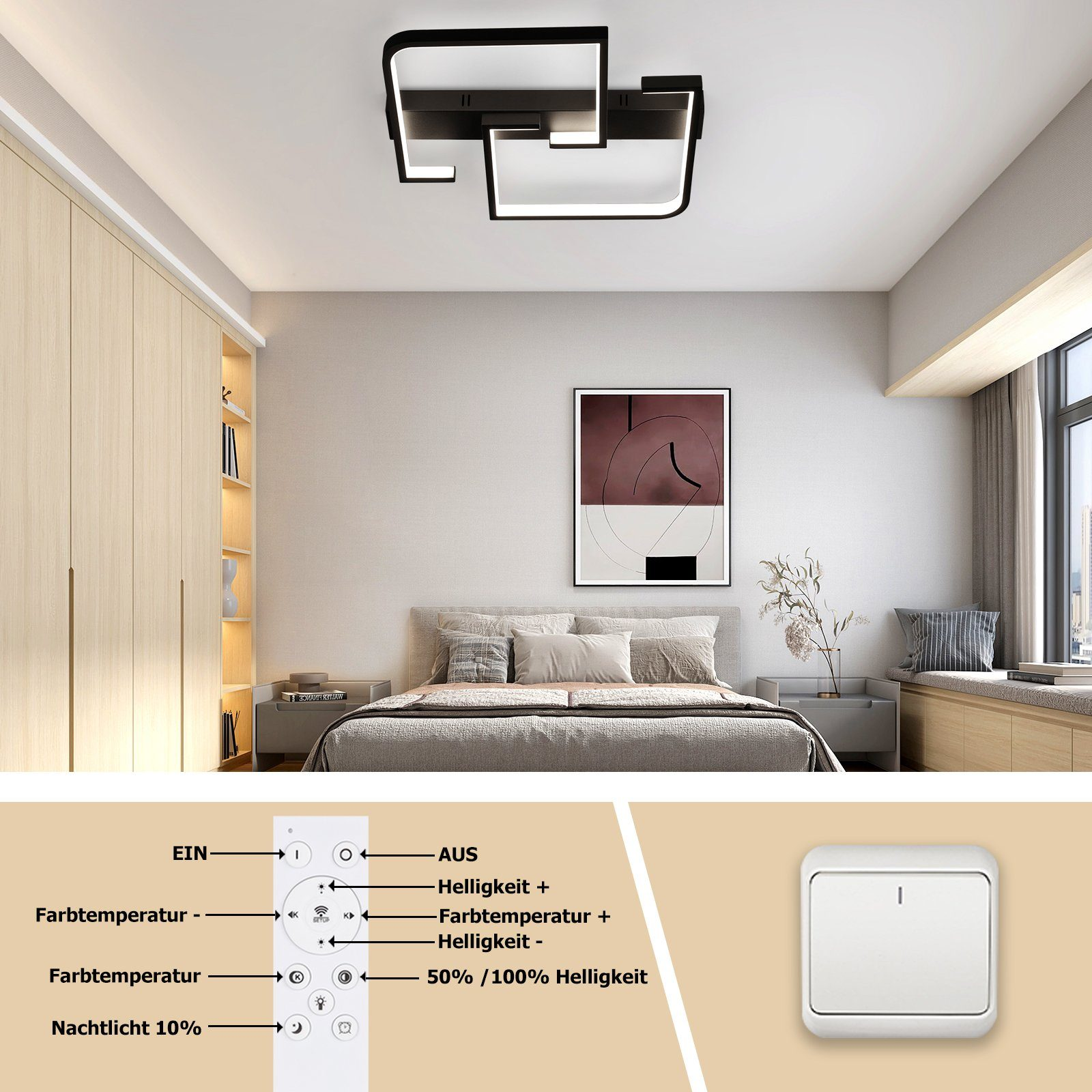 Nowoczesna sypialnia z lampą sufitową, pilotem, łóżkiem i szafą. Pilot pokazuje różne funkcje.