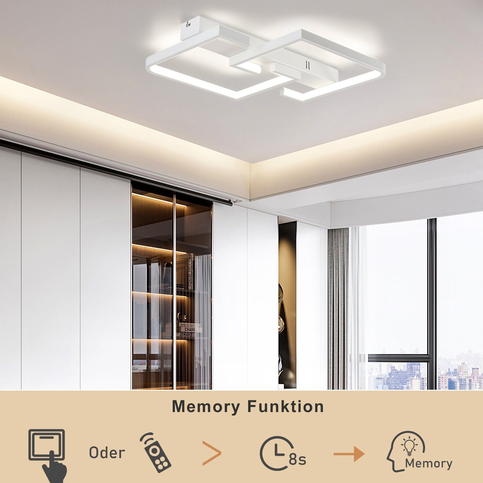 Biała lampa sufitowa, prostokątny design, nad jasnym pomieszczeniem z białymi szafkami i oknem.