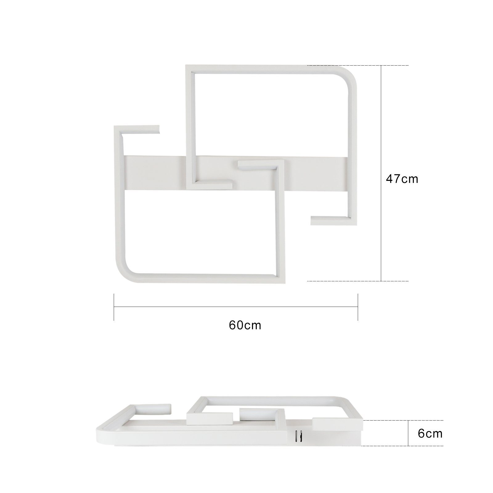Biała geometryczna oprawa oświetleniowa. Wymiary 60cm x 47cm x 6cm. Białe tło.
