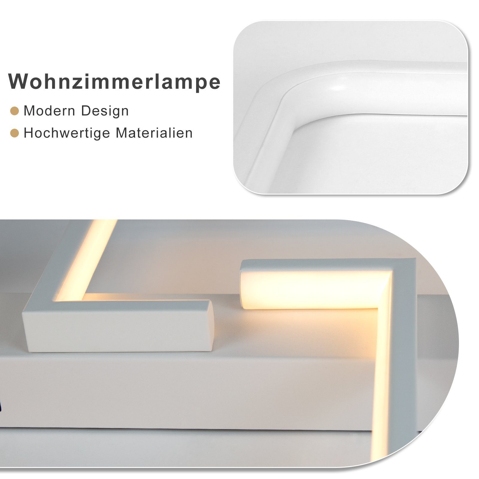 Lámpara de salón blanca, de diseño moderno. La lámpara presenta un diseño geométrico, angular con iluminación suave.