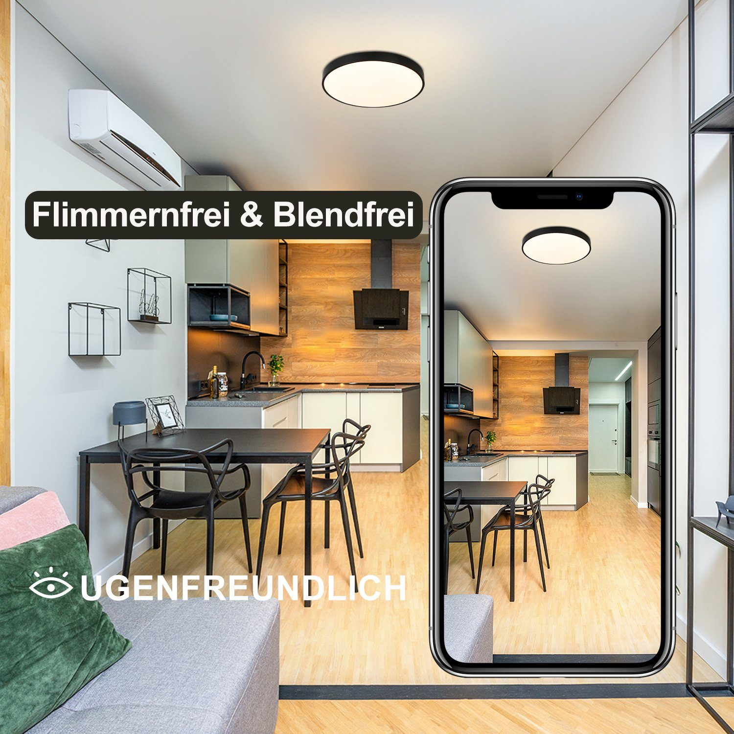 Nowoczesne wnętrze mieszkania z inteligentnym oświetleniem. Smartfon pokazuje tę samą scenę.