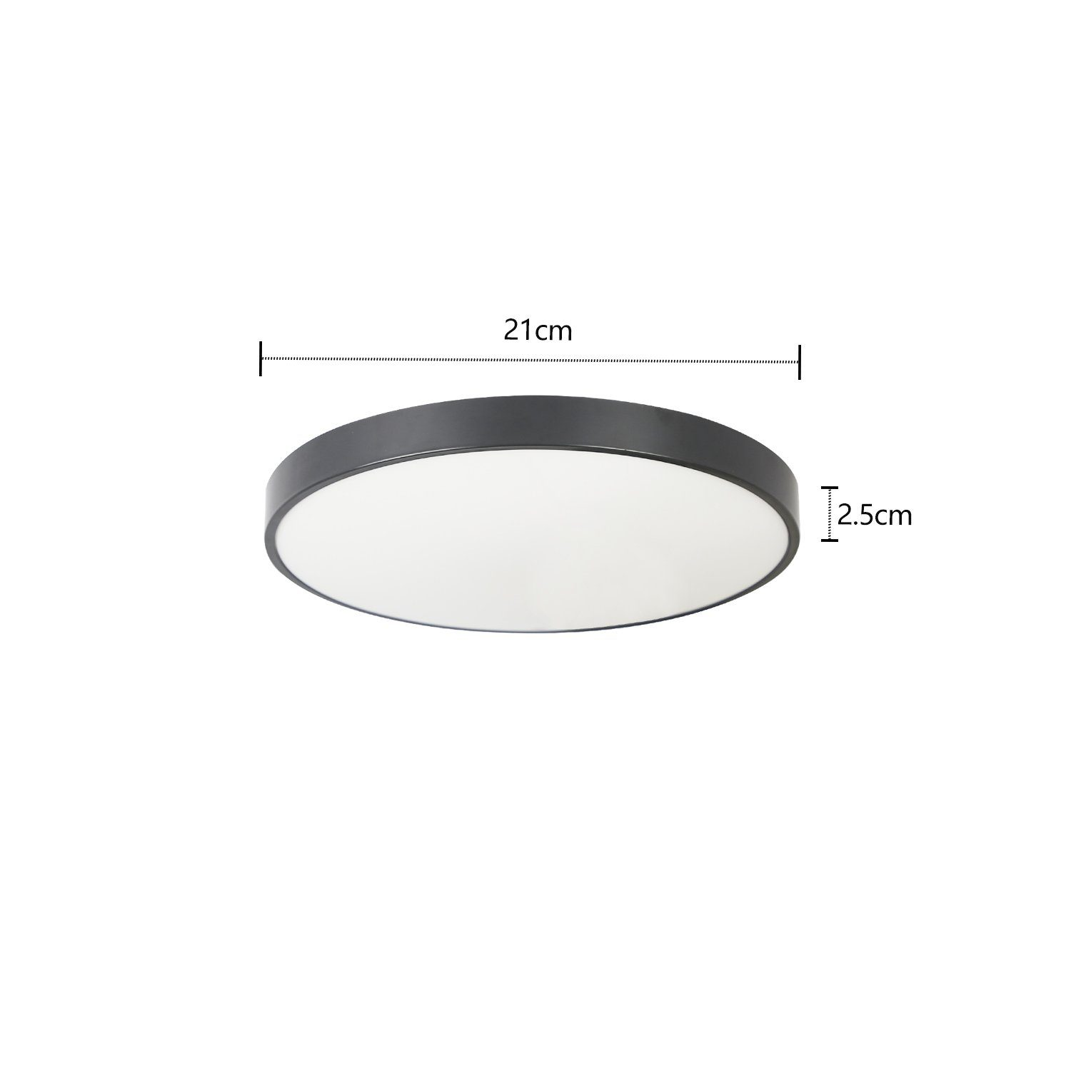 Runde schwarze Deckenleuchte mit weißer Mitte. Abmessungen: 21cm breit, 2,5cm hoch.