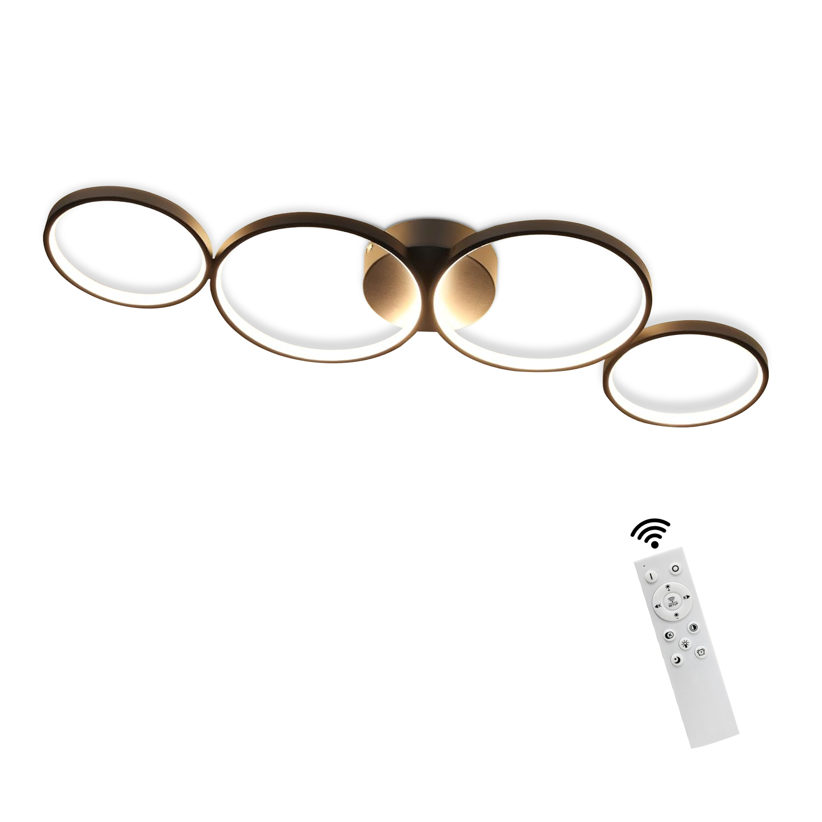 Lampa sufitowa z czterema połączonymi pierścieniami, białe światło. Pilot jest na dole po prawej.