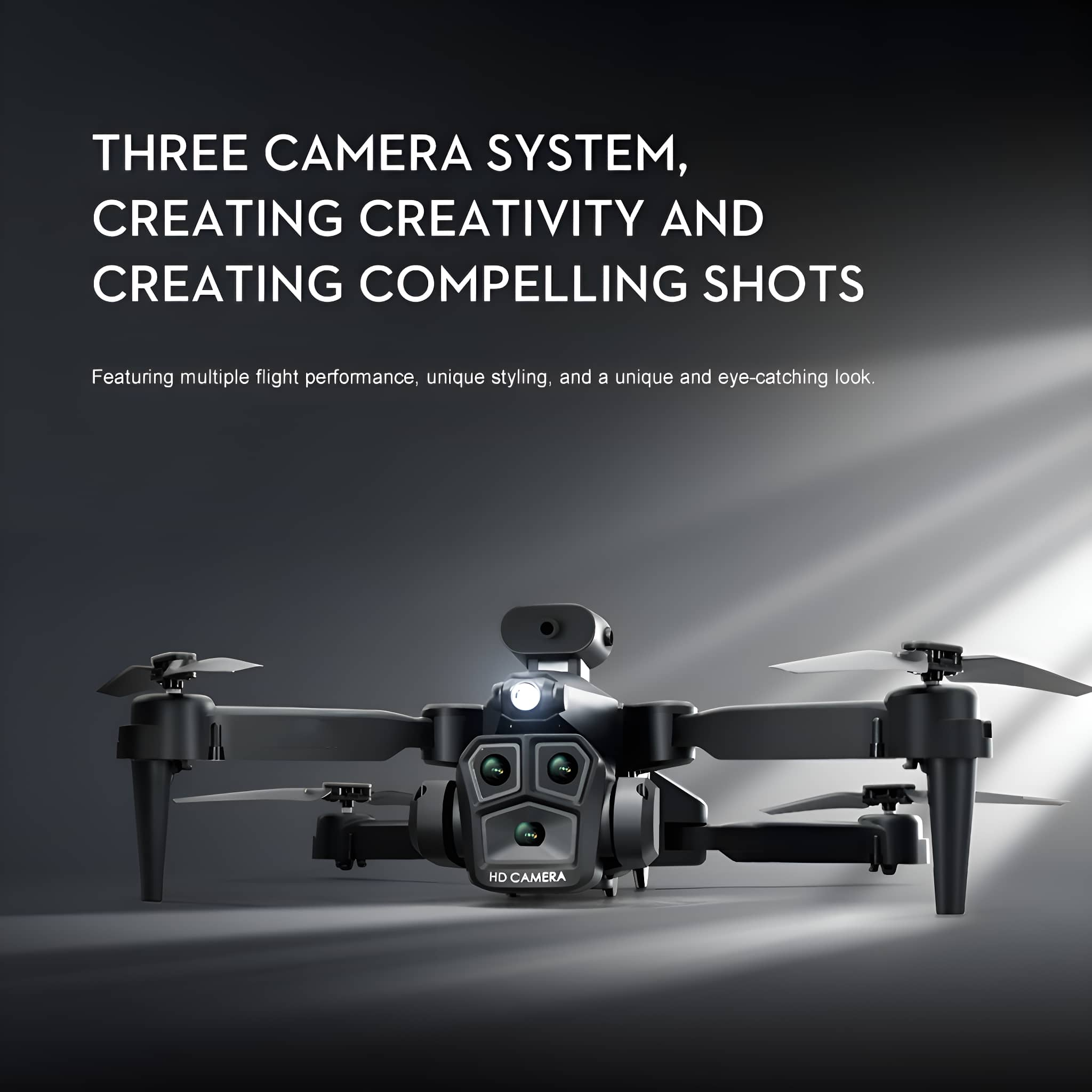Schwarze Drohne mit vier Propellern, drei Kameras und dem Text 'THREE CAMERA SYSTEM'.